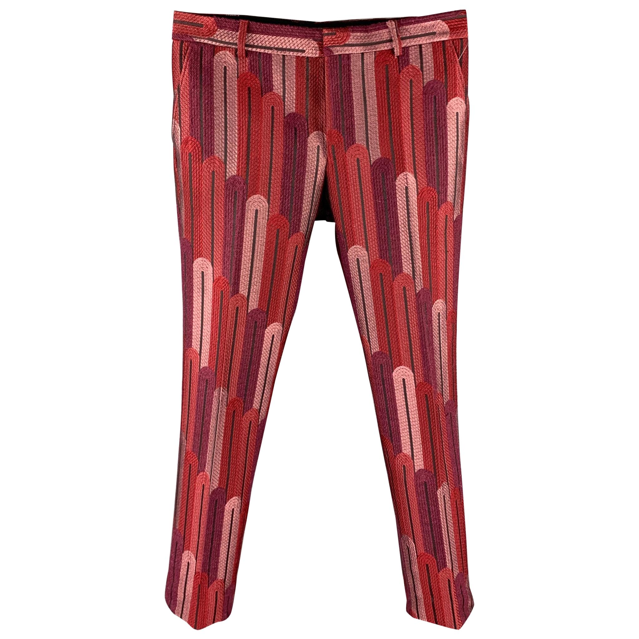 WALTER VAN BEIRENDONCK F/W 16 Size 34 Burgundy & Red Brocade Polyester Pants
