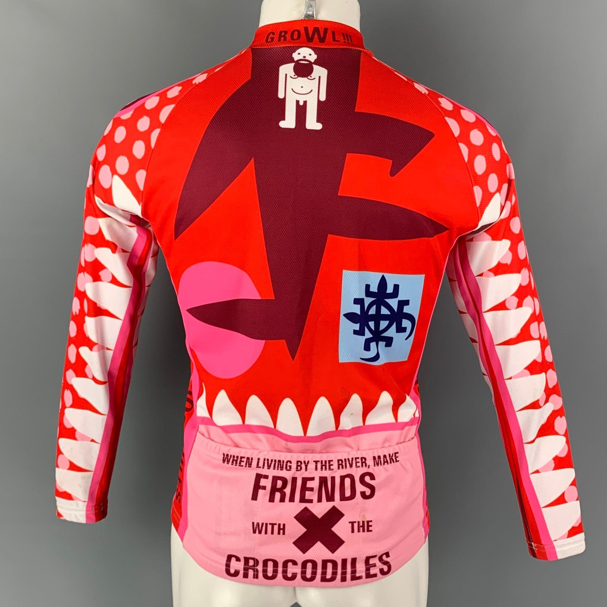 WALTER VAN BEIRENDONCK FW14 Size S Red Pink Graphic Nylon Jersey Bike Top In Good Condition For Sale In San Francisco, CA