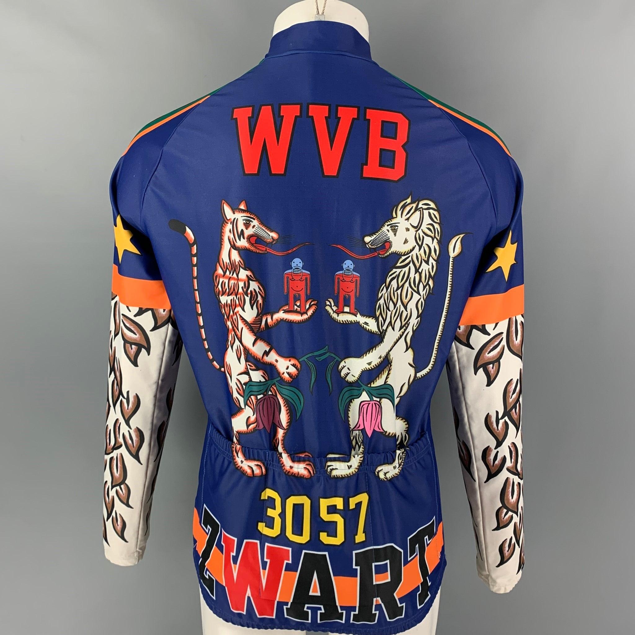 WALTER VAN BEIRENDONCK FW17 Size L Blue Graphic Nylon Jersey Bike Top In Excellent Condition For Sale In San Francisco, CA