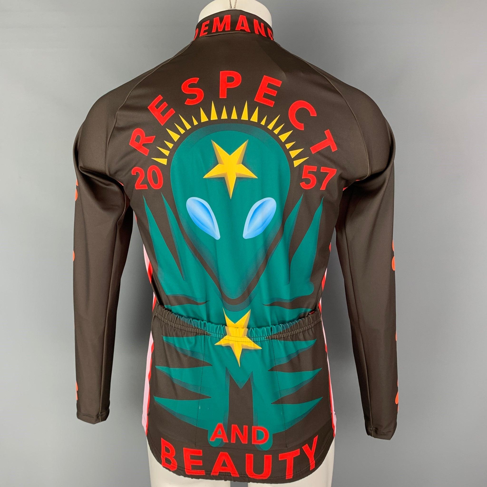 WALTER VAN BEIRENDONCK FW21 Size M Brown Graphic Nylon Jersey Bike Top In Excellent Condition For Sale In San Francisco, CA