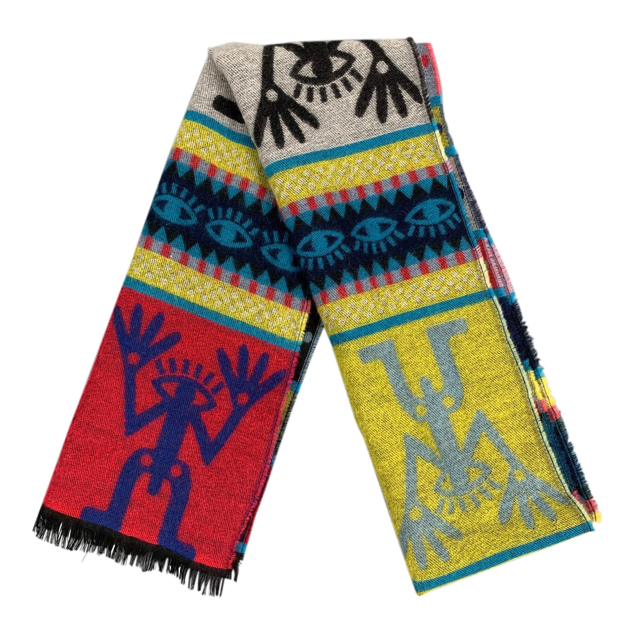 WALTER VAN BEIRENDONCK Multi-Color Print Wool Fringe Scarf