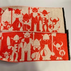 WALTER VAN BEIRENDONCK Red Tan Print Fringe Scarf