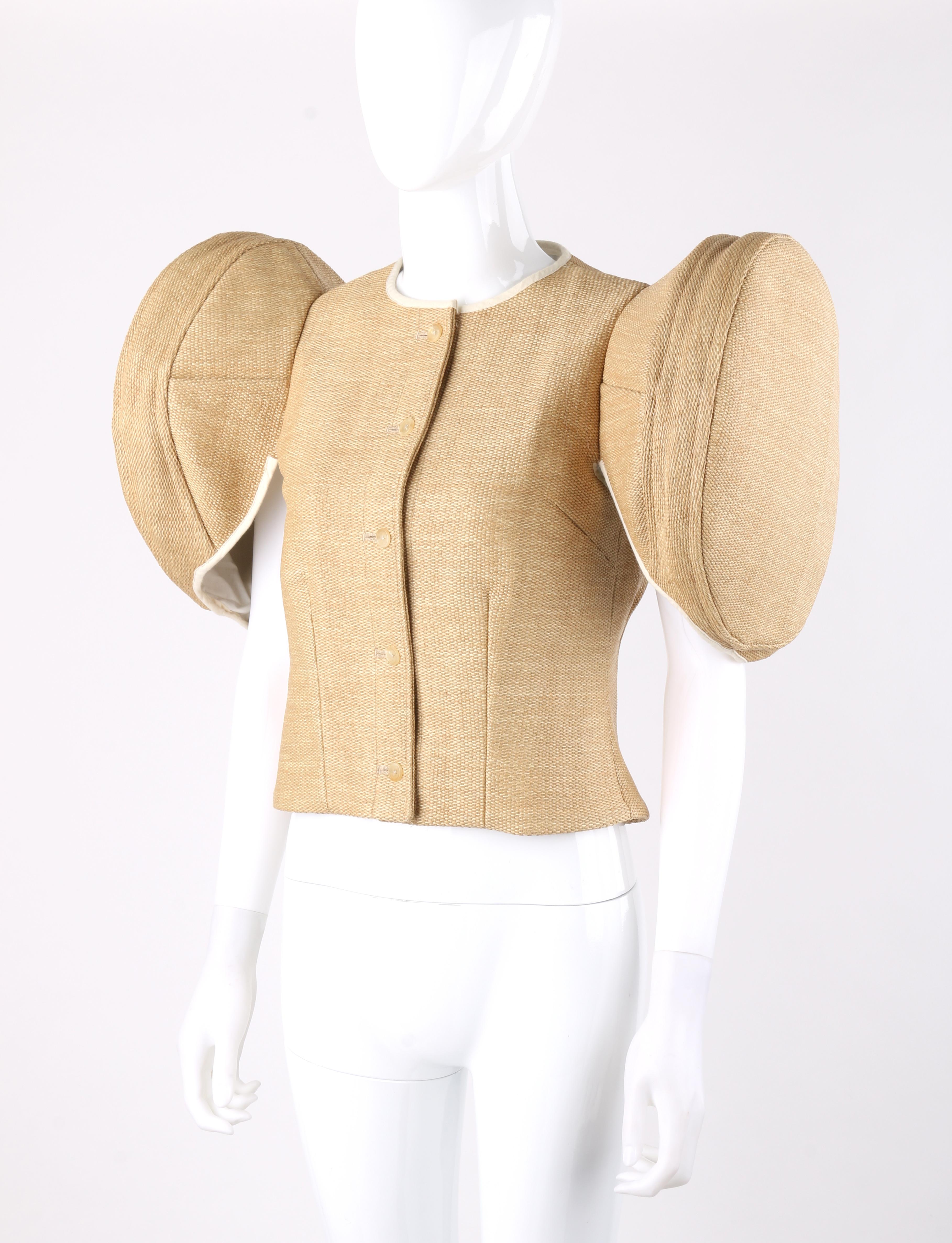 WALTER VAN BEIRENDONCK S/S 2006 Wicker Structured Circle Sleeve Button Front Top For Sale 1