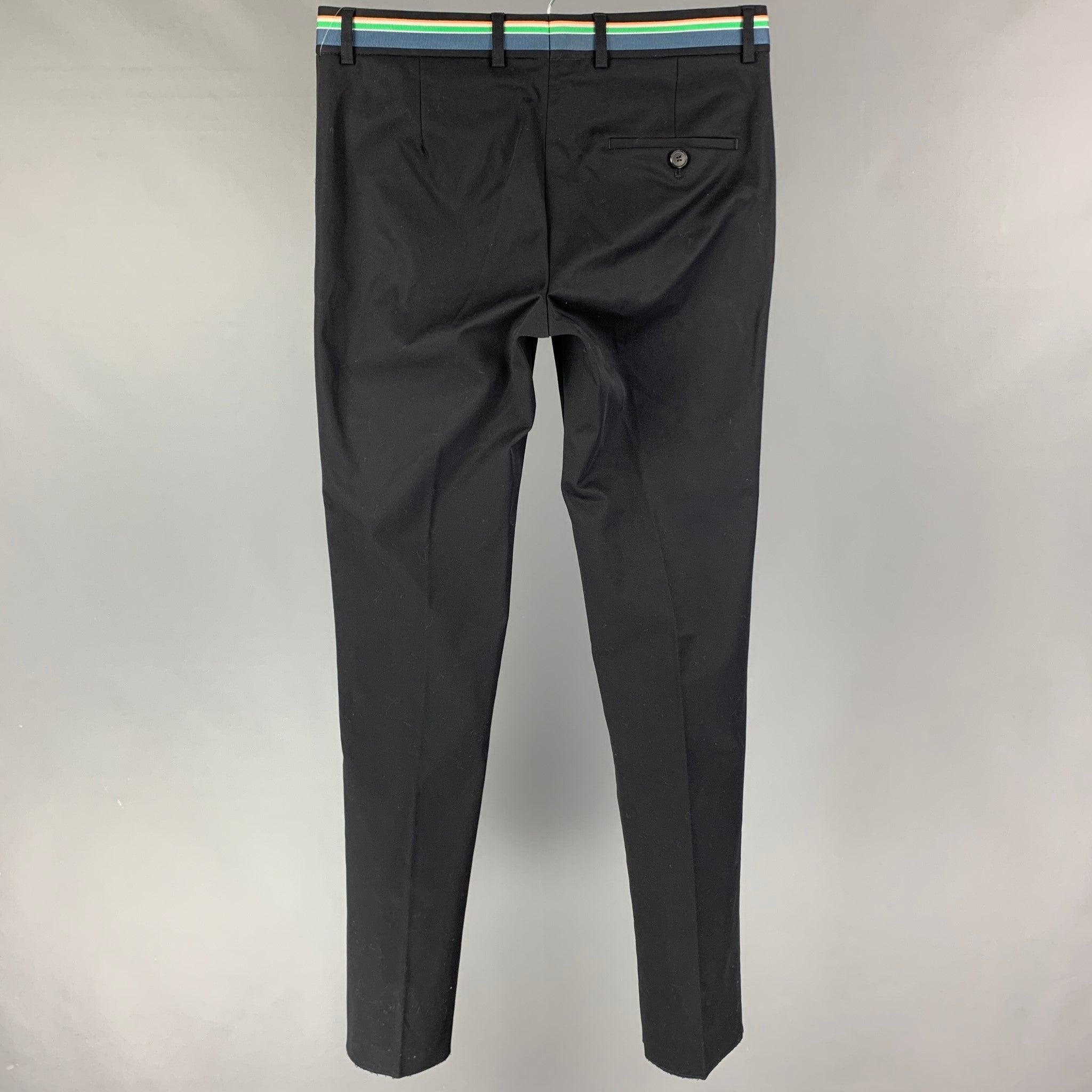 WALTER VAN BEIRENDONCK causal pants comes in a black wool / polyester featuring a flat front, striped trim, front tab, and a zip fly closure. Made in EU.
New With Tags. 

Marked:   46 

Measurements: 
  Waist: 32 inches  Rise: 9.5 inches  Inseam: 37