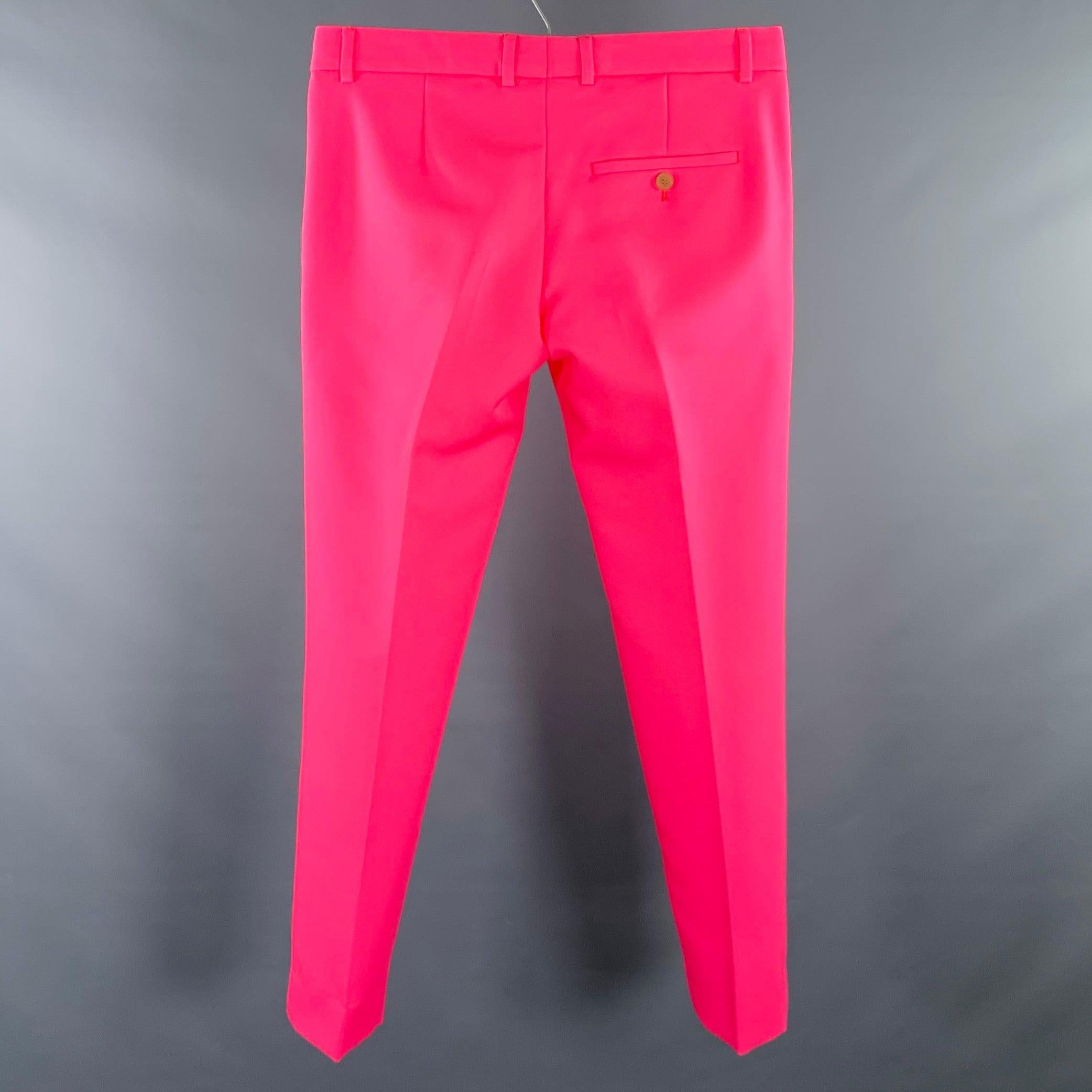 WALTER VAN BEIRENDONCK dress pants
in a fuchsia pink polyester fabric featuring flat front style, straight leg, and zip fly closure. Excellent Pre-Owned Condition. 

Marked:   IT 48 

Measurements: 
  Waist: 32 inches Rise: 8 inches Inseam: 26