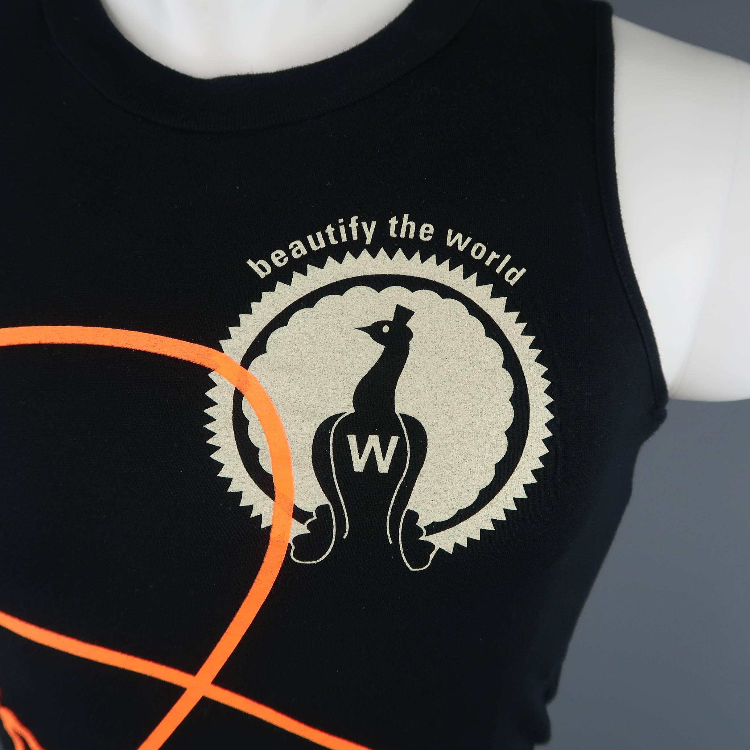 Archive WALTER VAN BEIRENDONCK tank top comes in black jersey with an orange and beige 
