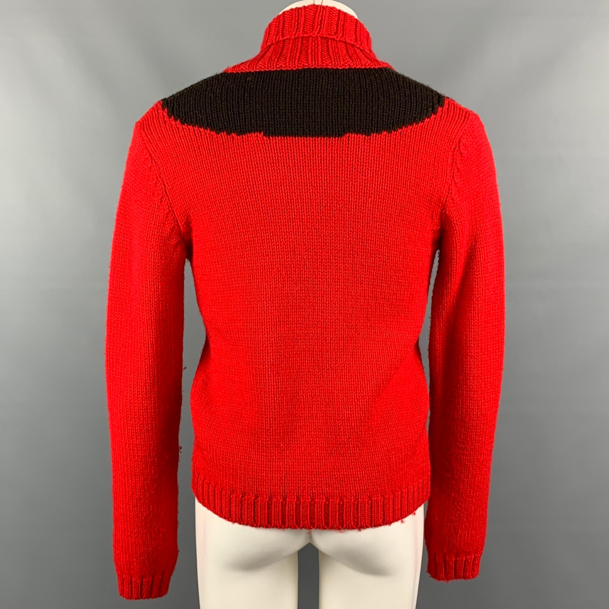 Men's WALTER VAN BEIRENDONCK Size S Red & Yellow Knitted Wool Face Patch Cardigan