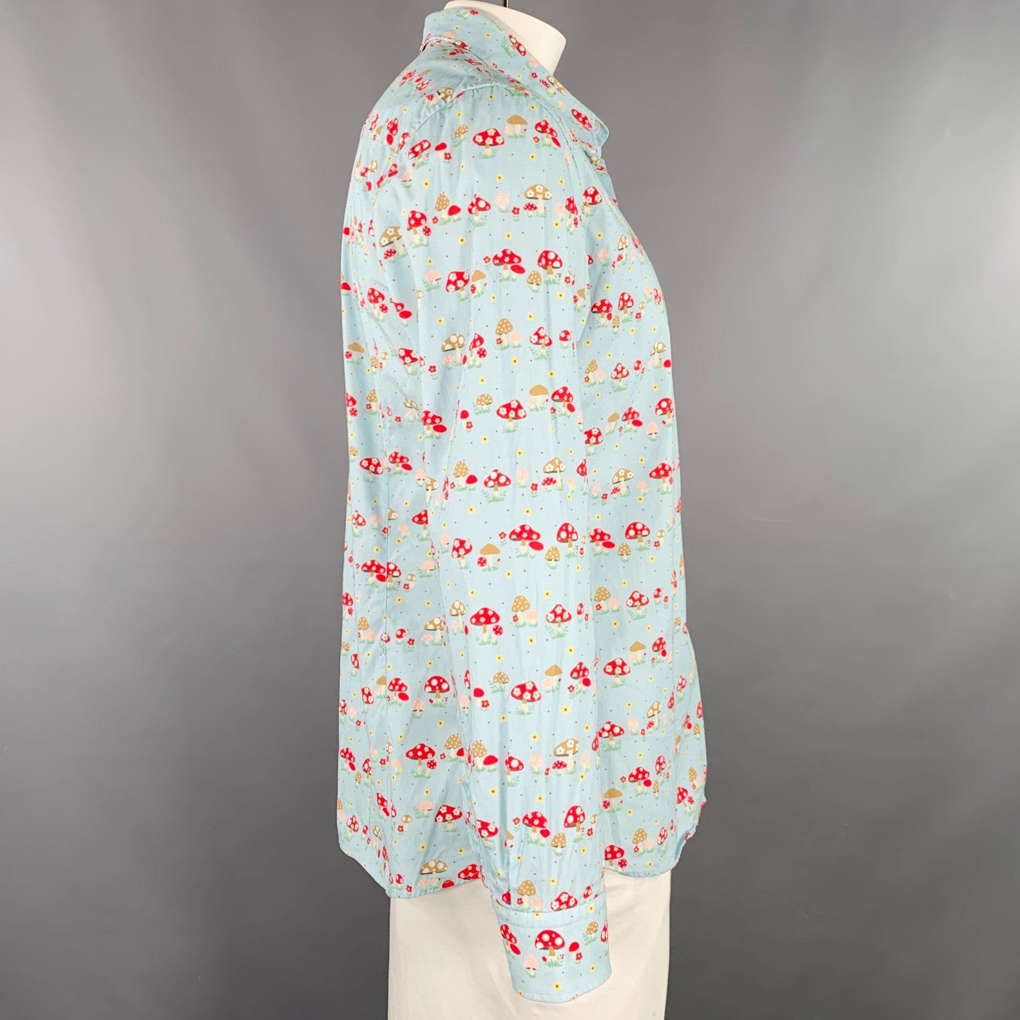 Gray WALTER VAN BEIRENDONCK Size XL Blue Red Cotton Mushrooms One Pocket Long Sleeve Shirt For Sale