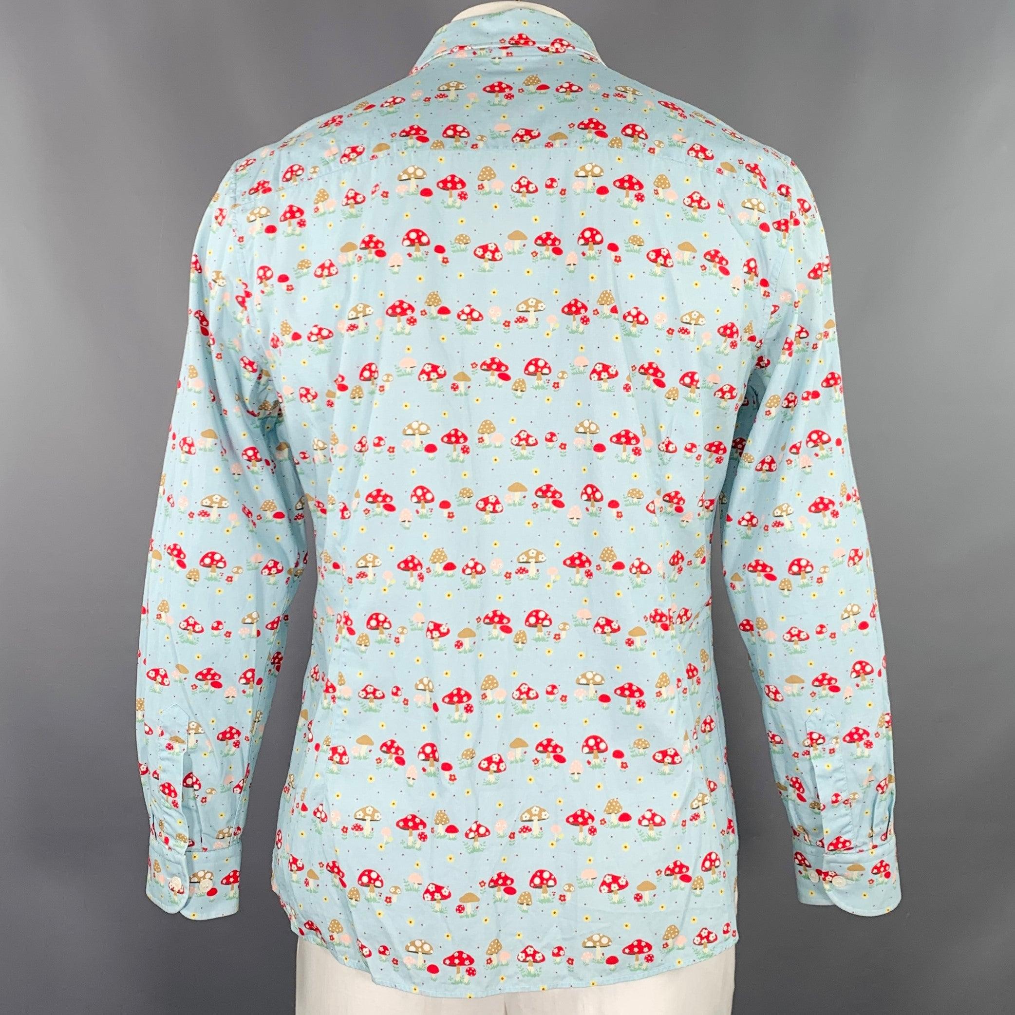 WALTER VAN BEIRENDONCK Size XL Blue Red Cotton Mushrooms One Pocket Long Sleeve Shirt In Excellent Condition For Sale In San Francisco, CA