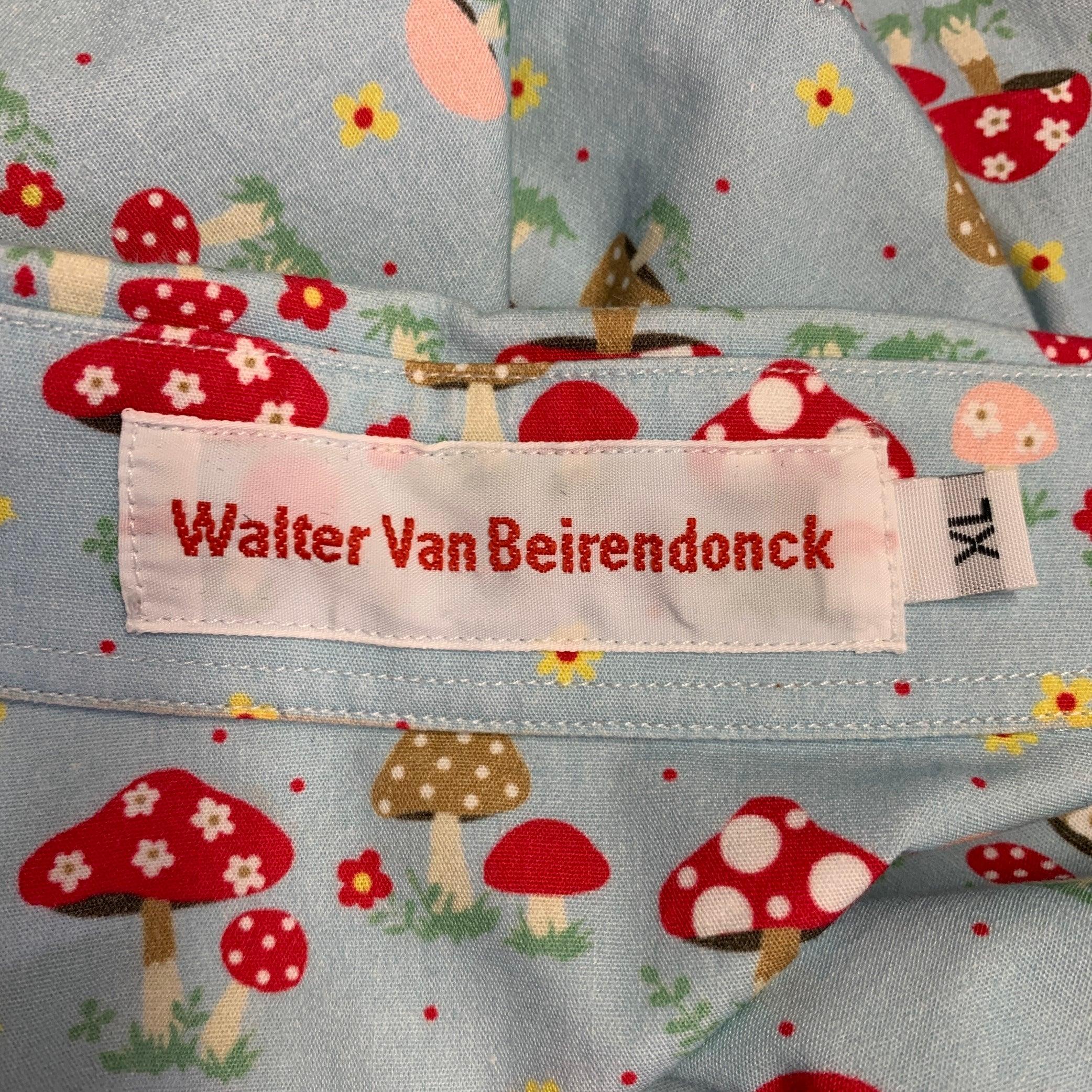 Men's WALTER VAN BEIRENDONCK Size XL Blue Red Cotton Mushrooms One Pocket Long Sleeve Shirt For Sale