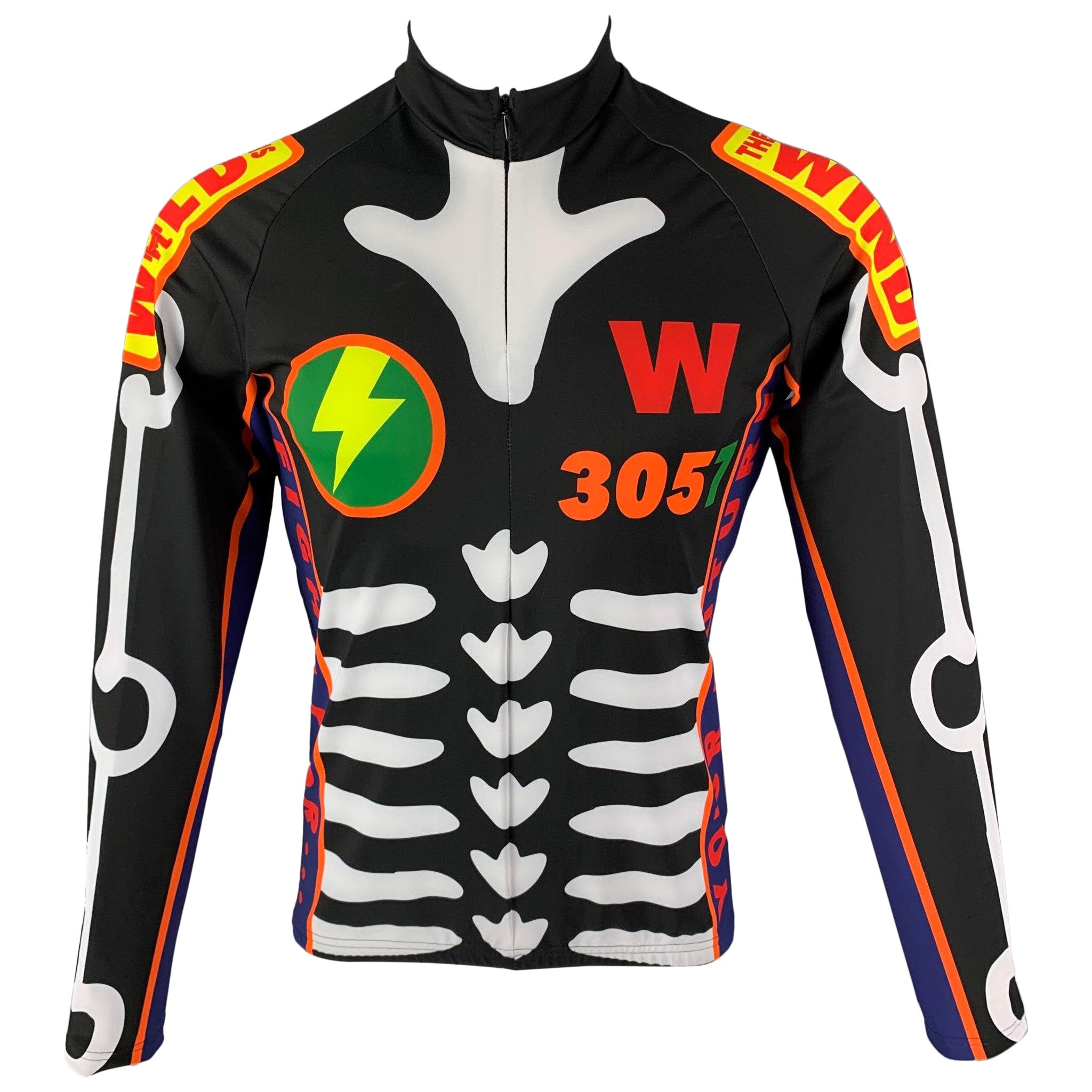 WALTER VAN BEIRENDONCK F/S19 Größe M Schwarzes grafisches Nylon-Jersey-Radoberteil im Angebot