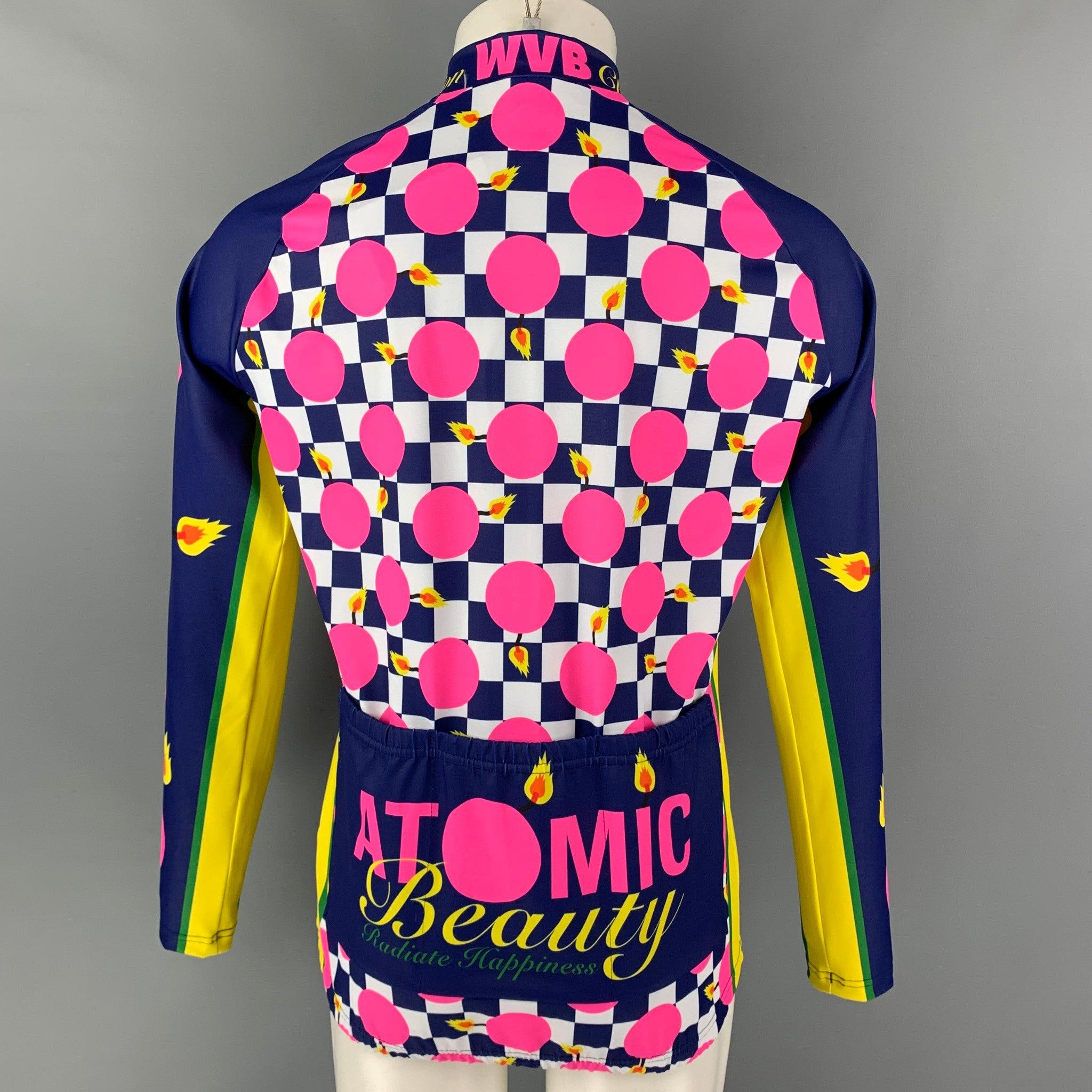 WALTER VAN BEIRENDONCK SS20 Size L Blue Pink Graphic Nylon Jersey Bike Top In Excellent Condition For Sale In San Francisco, CA