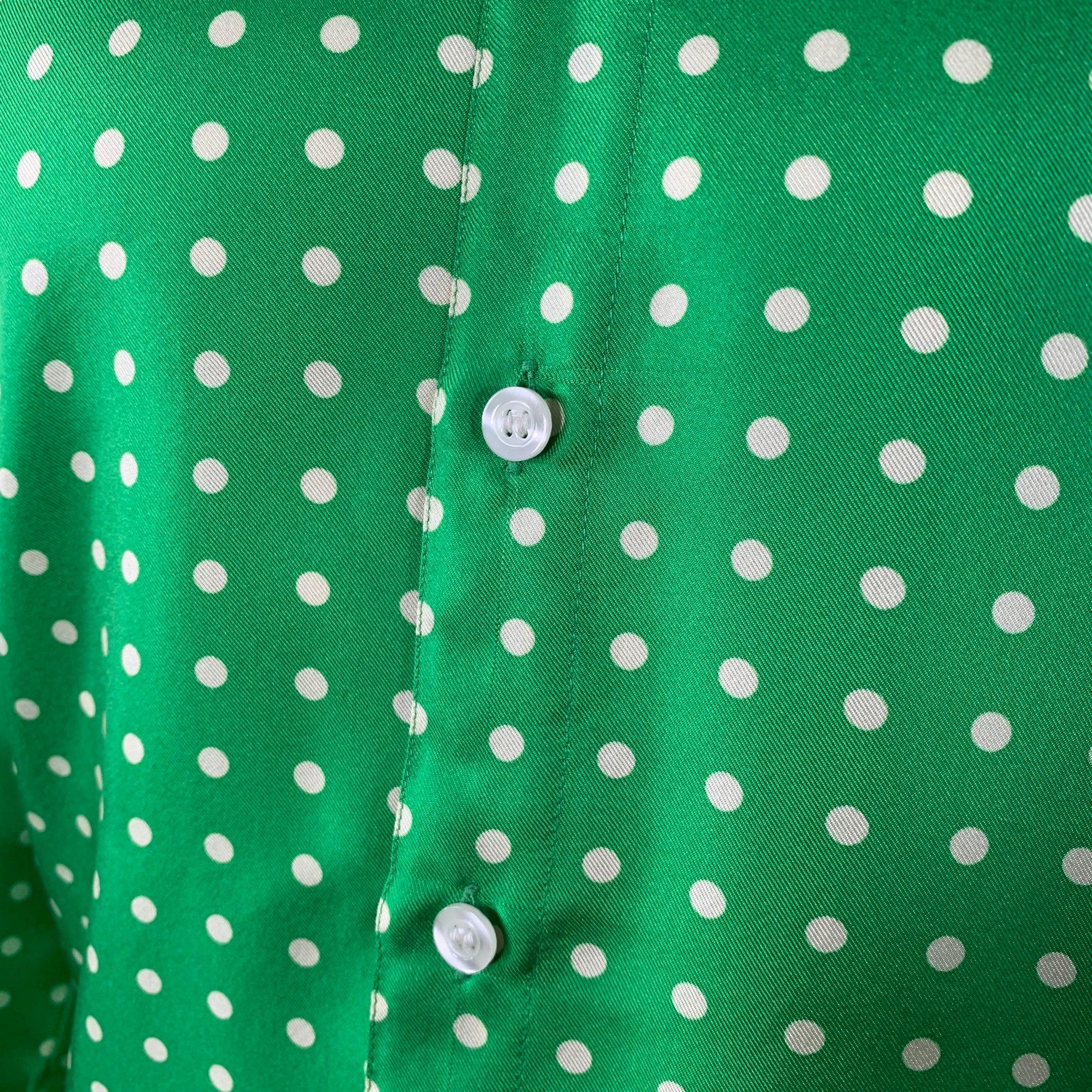 WALTER VAN BEIRENDONCK SS20 Taille S Chemise à manches longues en sergé de soie à pois vert et crème Bon état - En vente à San Francisco, CA