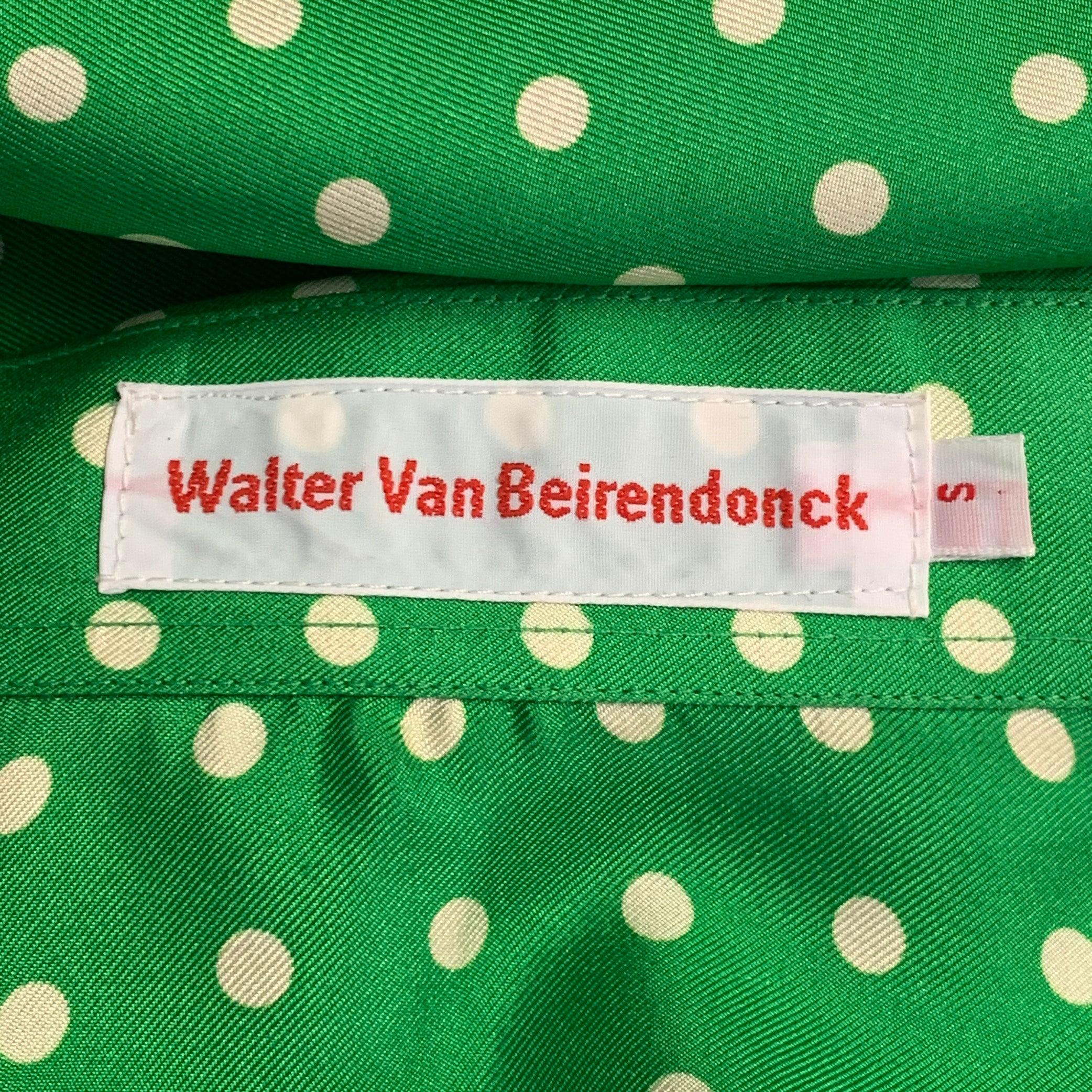 WALTER VAN BEIRENDONCK SS20 Taille S Chemise à manches longues en sergé de soie à pois vert et crème en vente 1