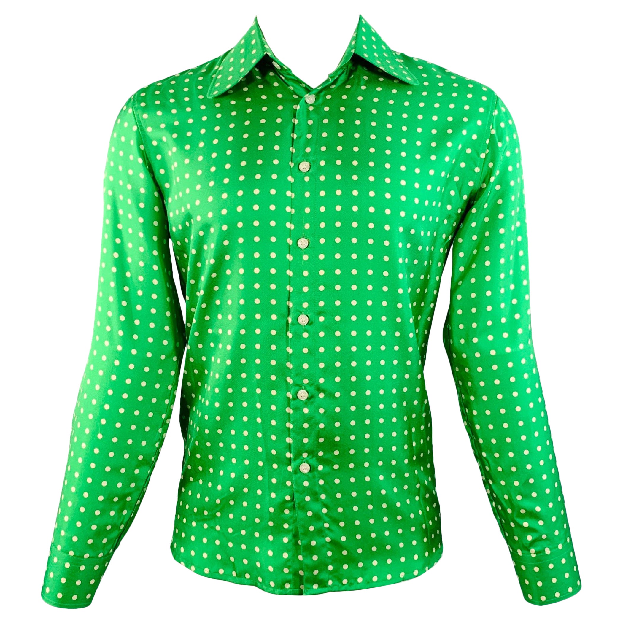 WALTER VAN BEIRENDONCK SS20 Taille S Chemise à manches longues en sergé de soie à pois vert et crème en vente