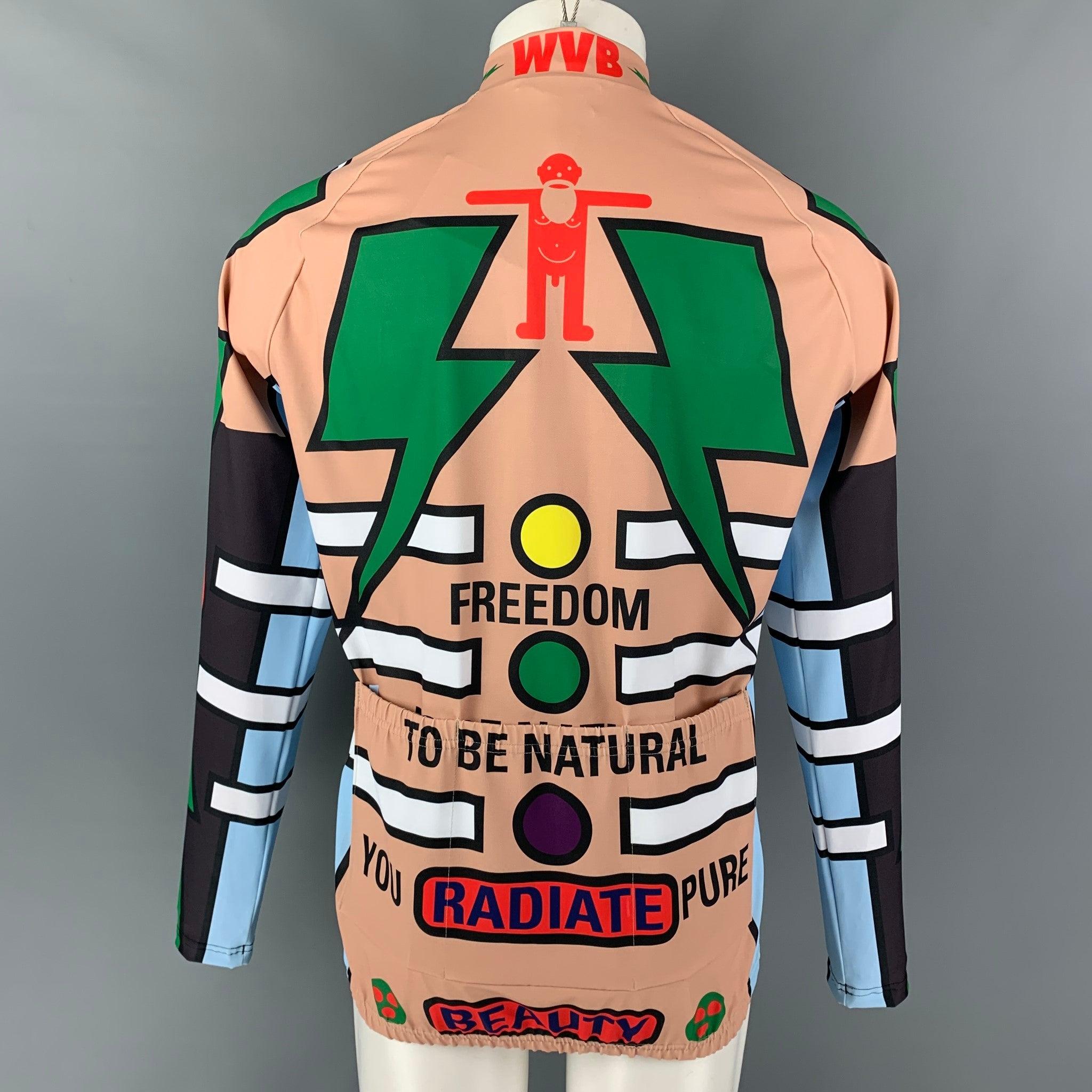 WALTER VAN BEIRENDONCK SS20 Size XL Beige Nude  Graphic Nylon Jersey Bike Top In Excellent Condition For Sale In San Francisco, CA