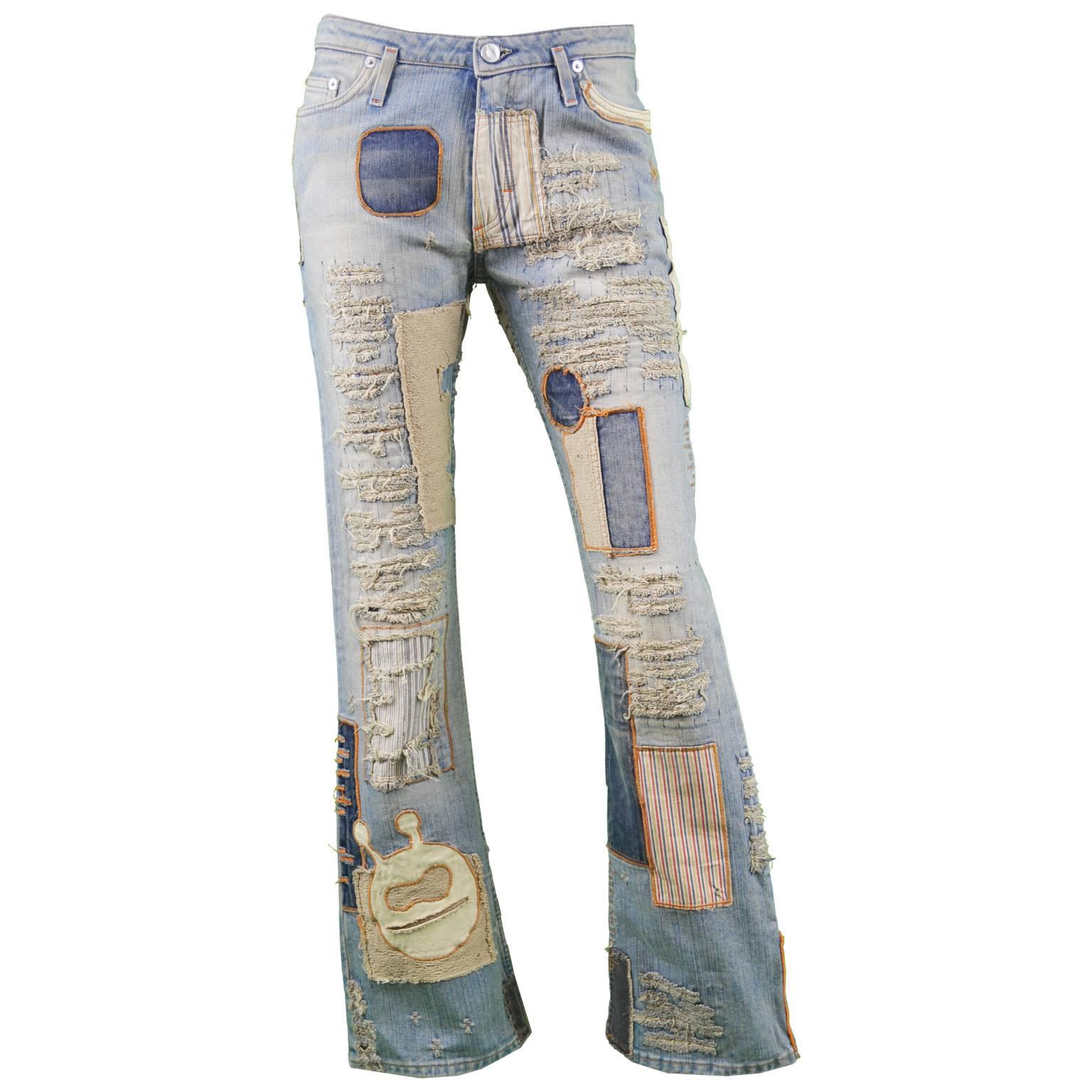 Walter Van Beirendonck Vintage 1990s W&LT Distressed Patchwork Ripped Jeans