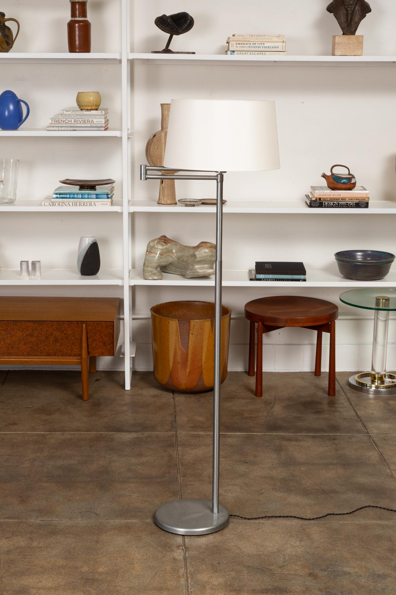 Walter Von Nessen Adjustable Swing Arm Floor Lamp in Nickel In Excellent Condition In Los Angeles, CA