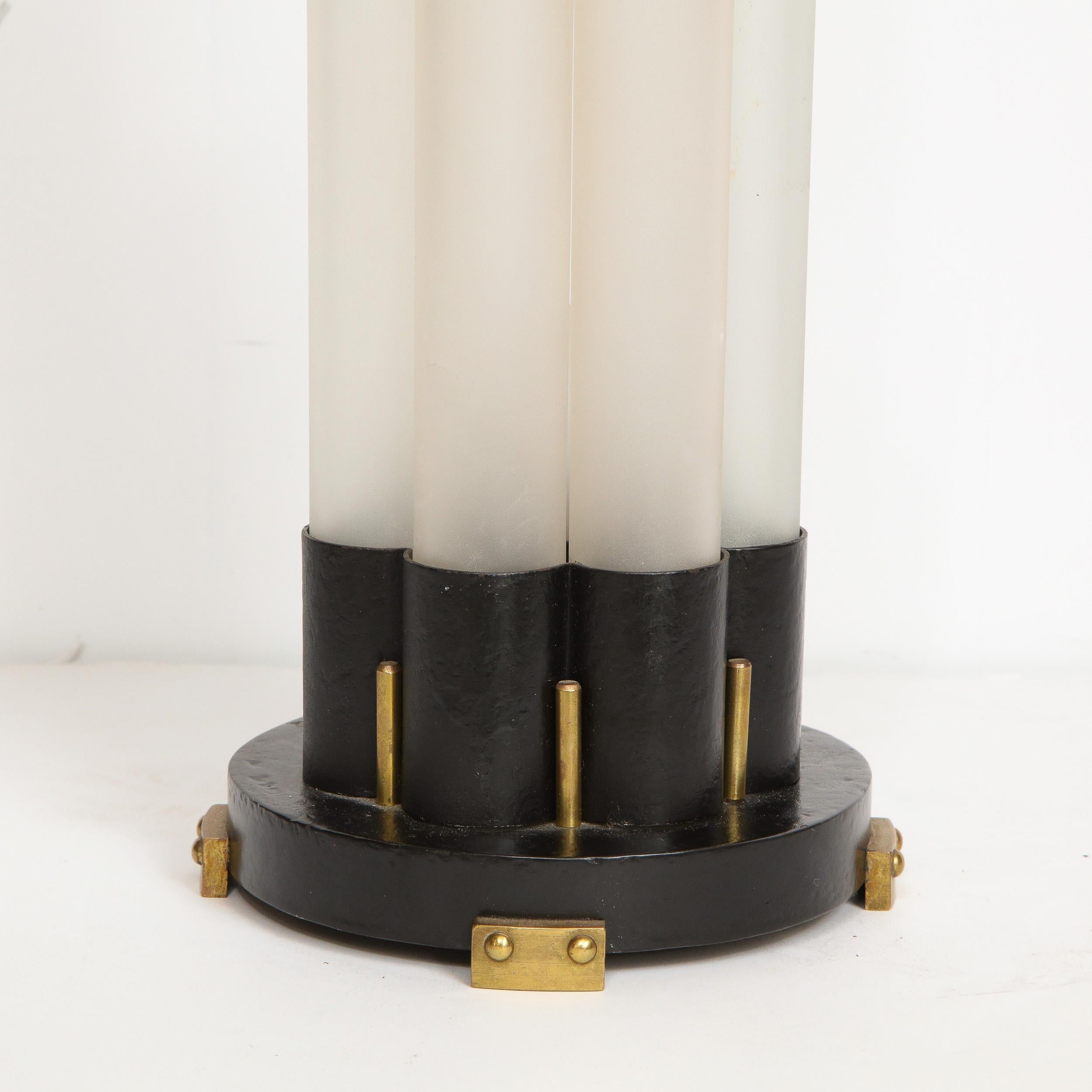 Walter Von Nessen Art Deco Skyscraper Style Frosted Glass & Black Enamel Uplight For Sale 3