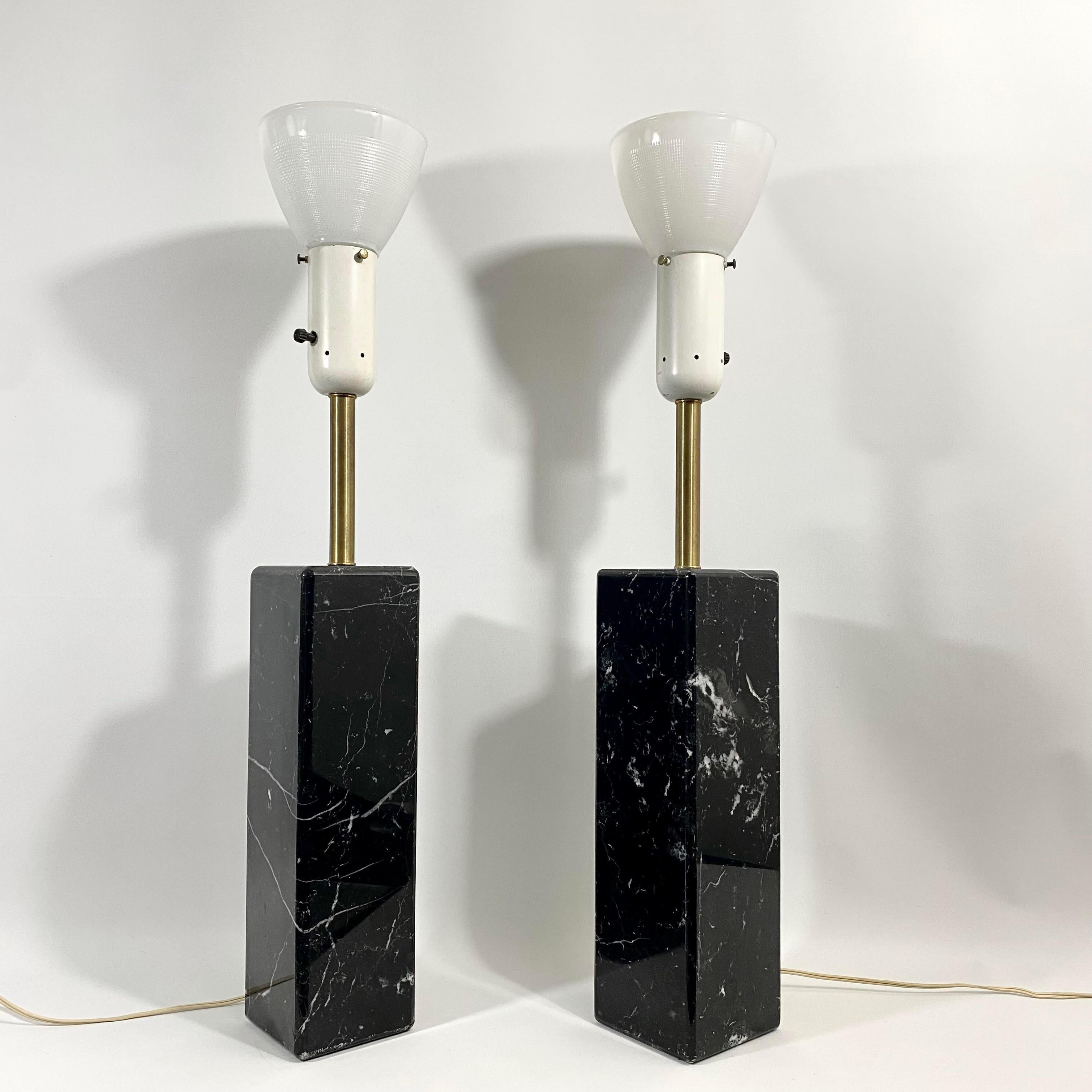 Walter Von Nessen Black Marble and Brass Lamp Pair For Sale 4