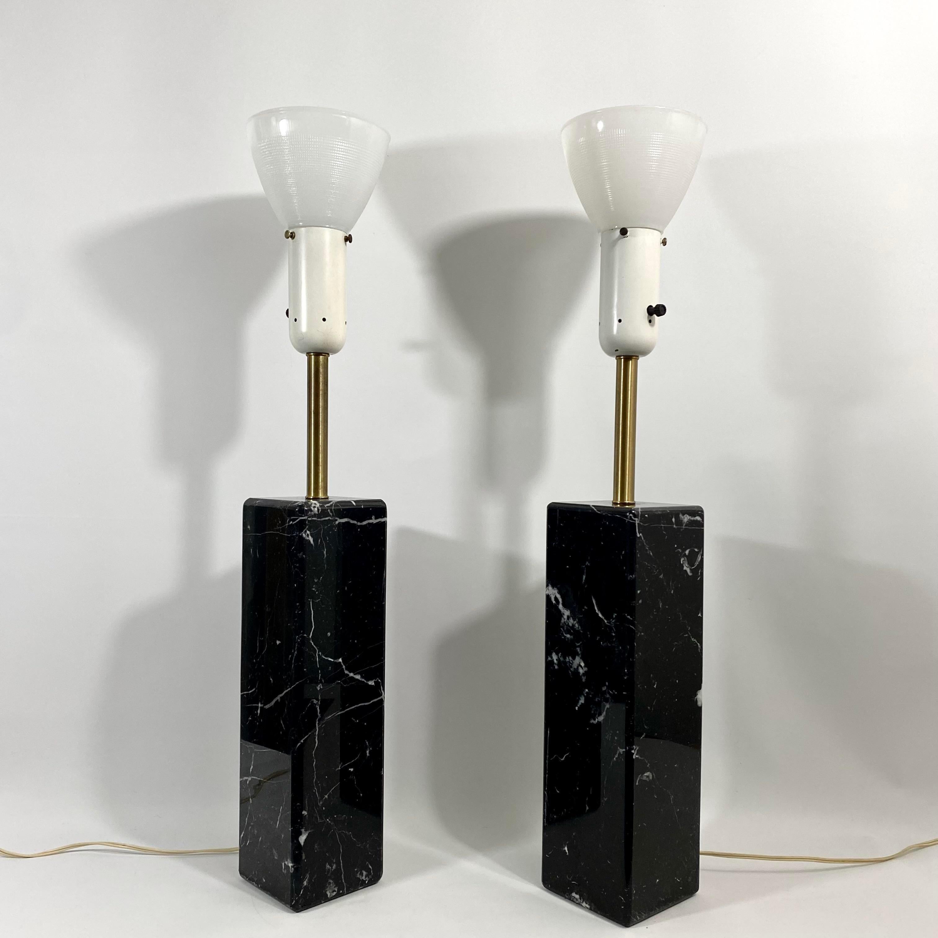 Mid-Century Modern Walter Von Nessen Black Marble and Brass Lamp Pair For Sale
