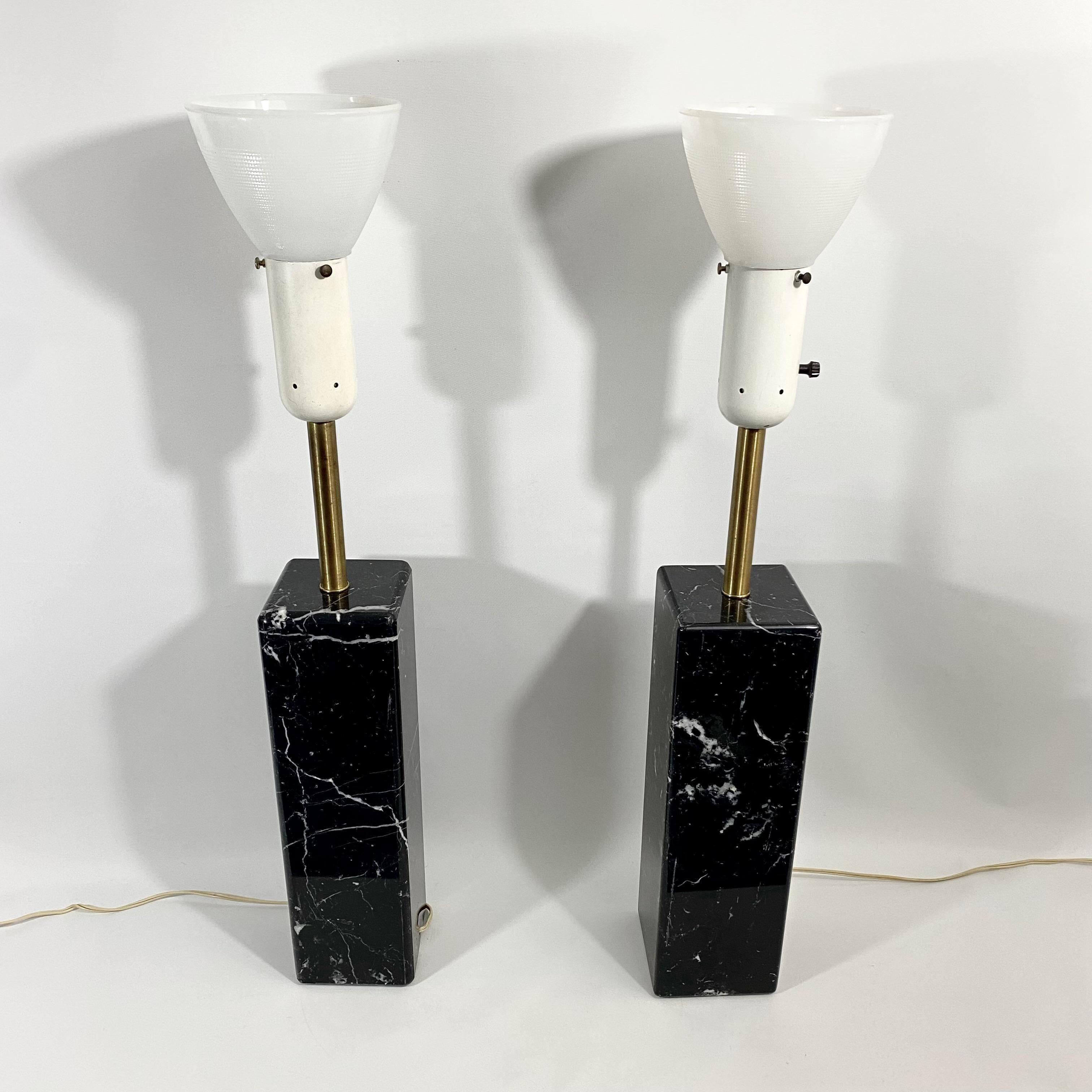 Walter Von Nessen Black Marble and Brass Lamp Pair In Good Condition For Sale In Westfield, NJ