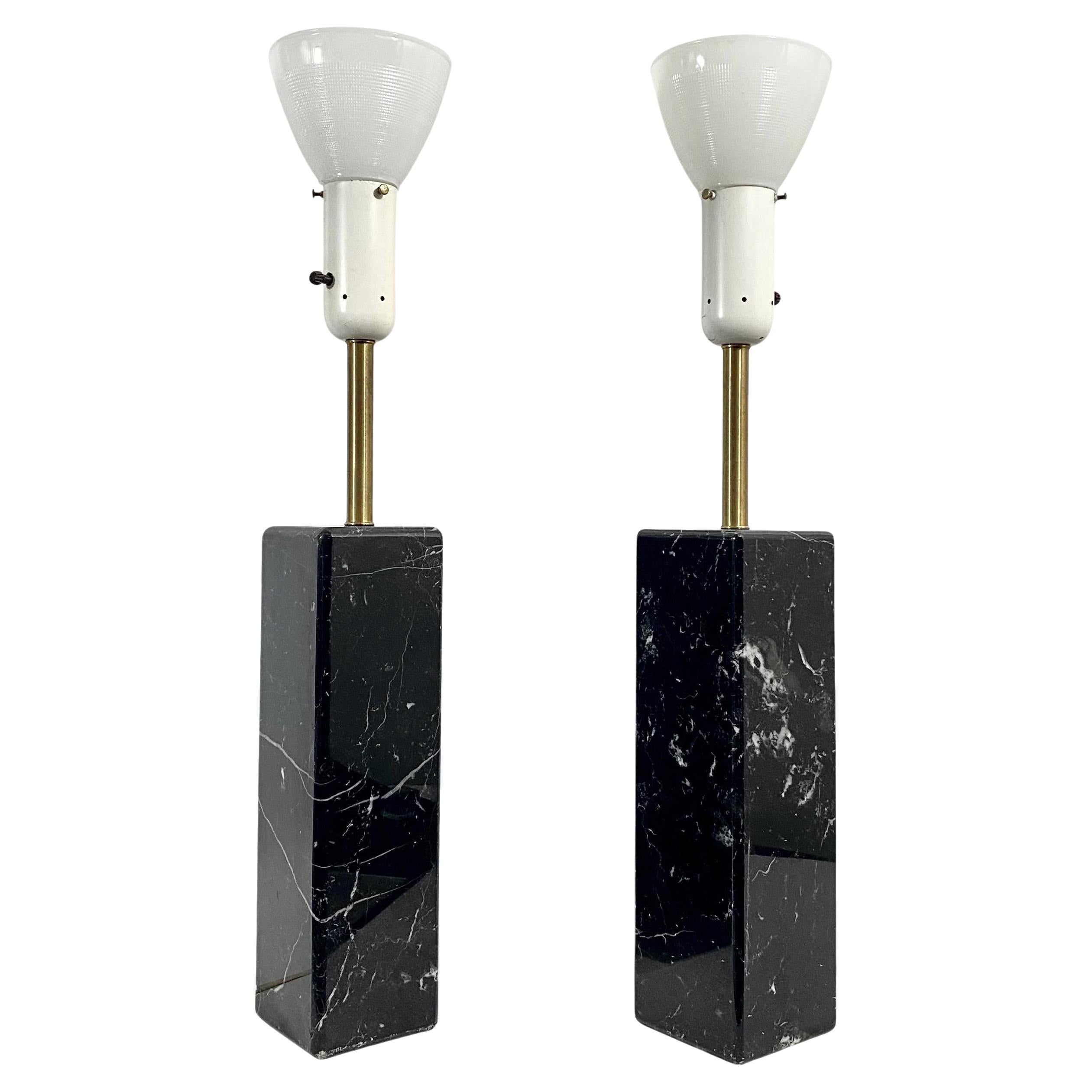 Walter Von Nessen Black Marble and Brass Lamp Pair