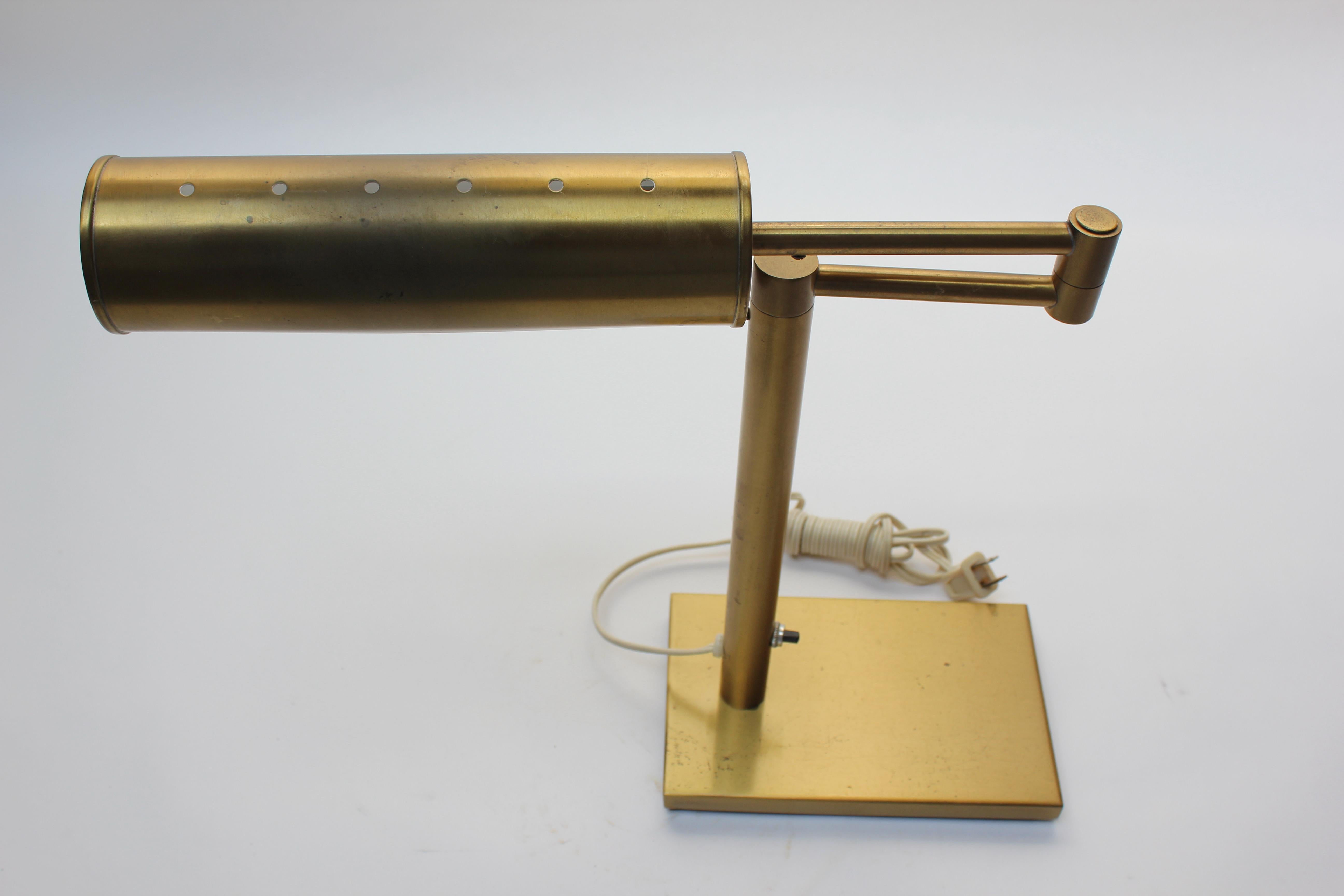 Walter Von Nessen Brass Swing Arm Table Lamp with Adjustable Cylindrical Shade In Good Condition For Sale In Brooklyn, NY
