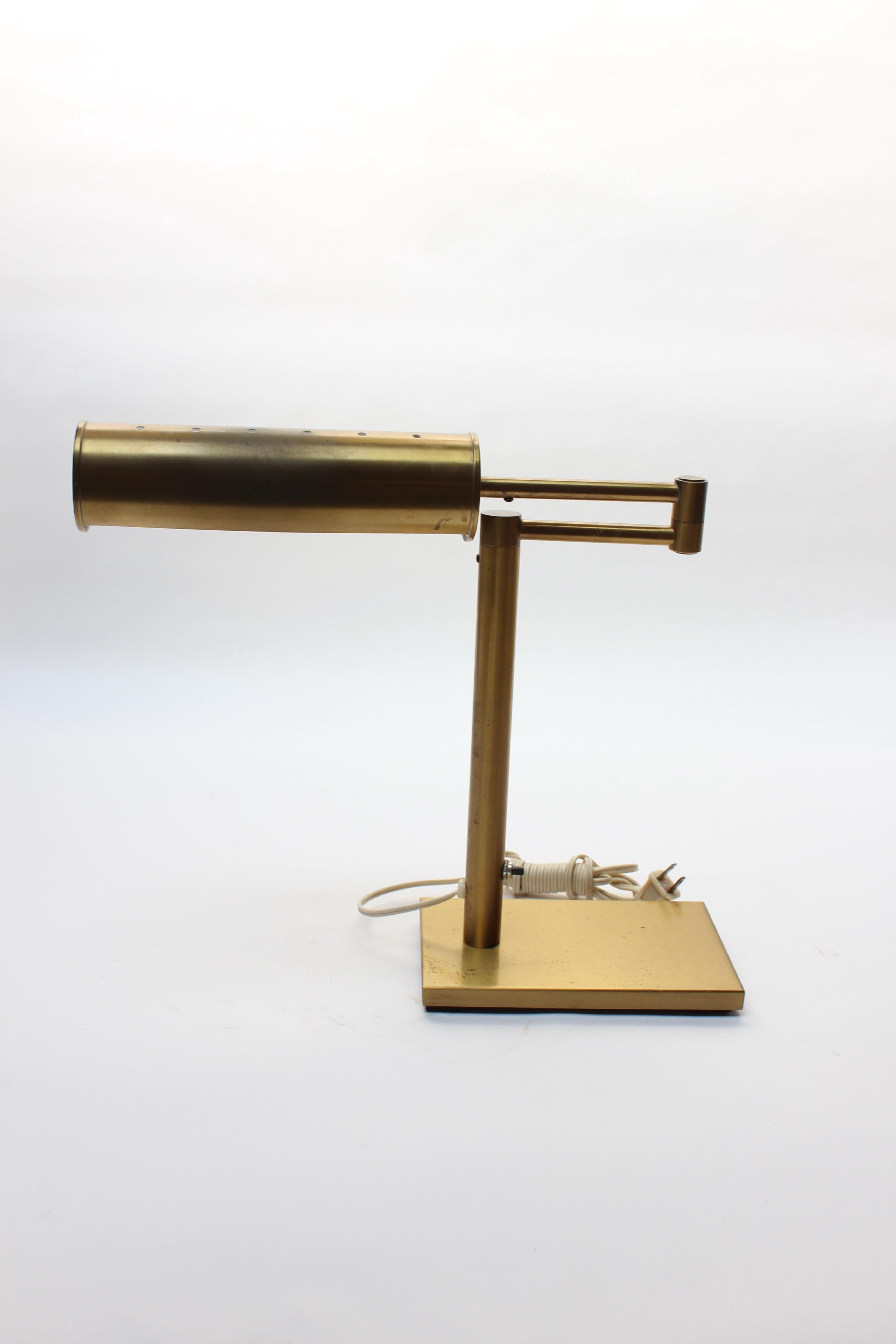 Late 20th Century Walter Von Nessen Brass Swing Arm Table Lamp with Adjustable Cylindrical Shade For Sale