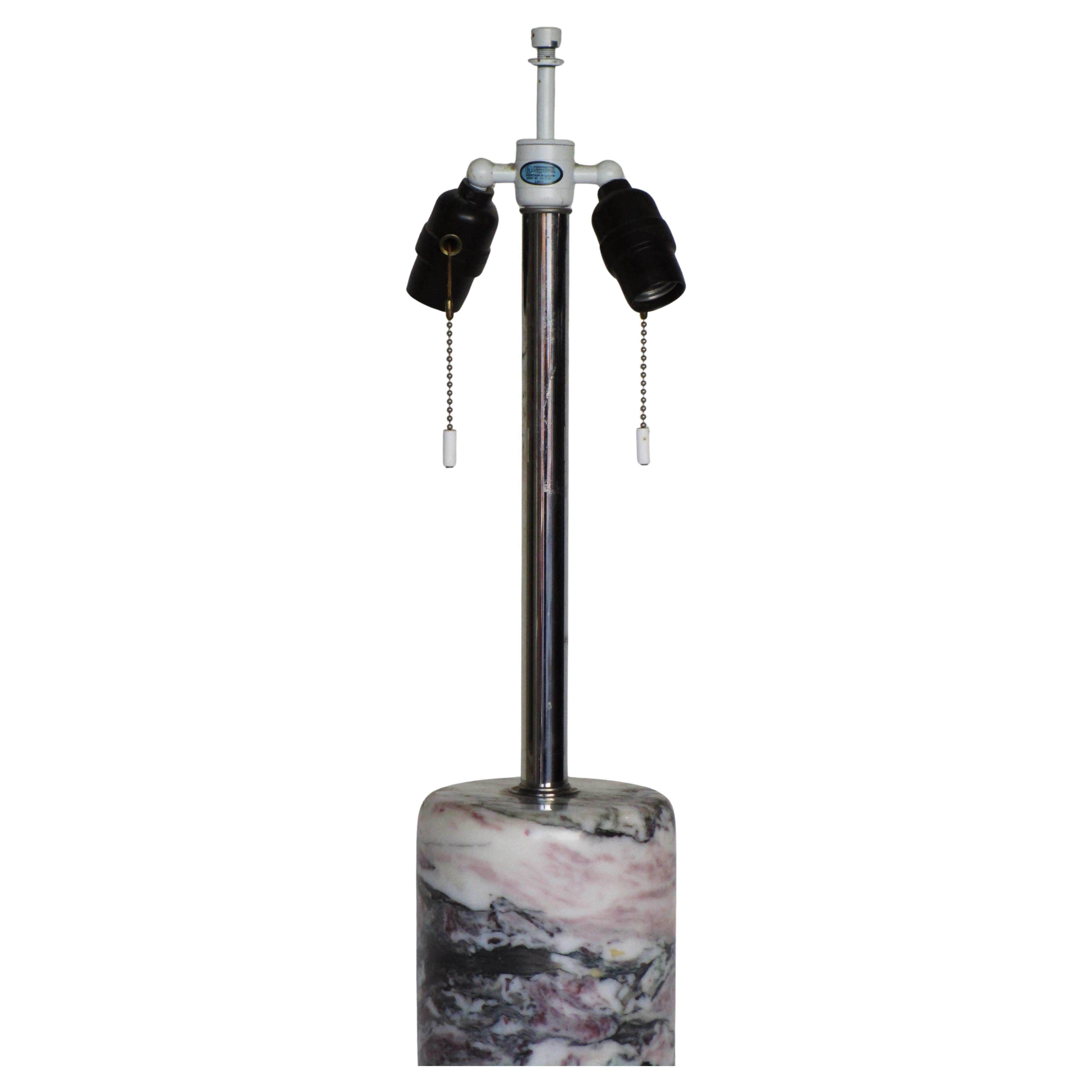 Walter Von Nessen tall cylindrical base marble table lamp w/ chrome shaft / white enamel painted top and finial / double pull chain sockets. Solid polished marble in beautifully veined white, deep gray to black / rich violet. Original Nessen Lamps,