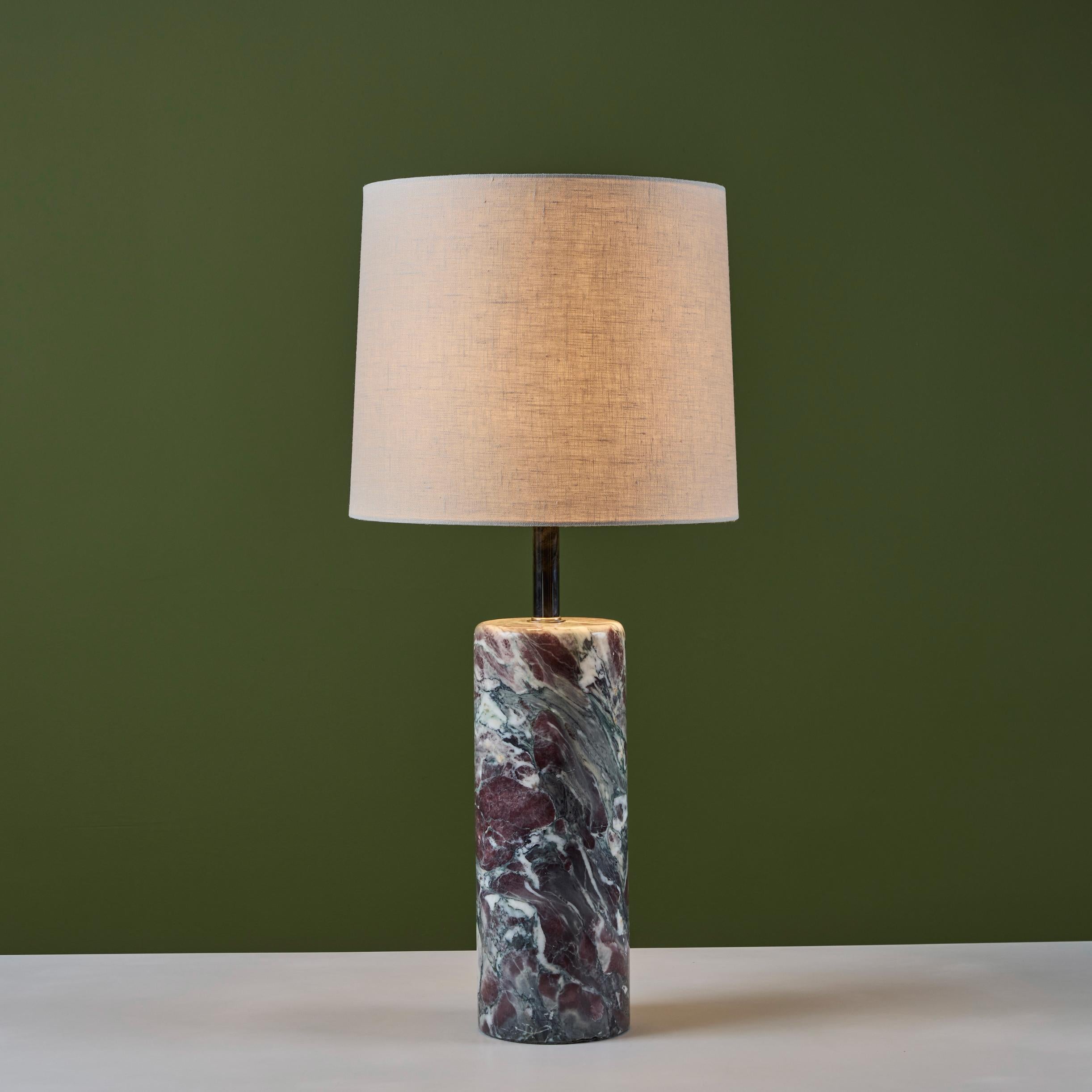 Walter von Nessen marble lamp c.1960s, USA. The table lamp features a cylindrical marble base, chrome stem, with double bulb socket and pull chains. The base has been cleaned and polished with a new linen shade.

Dimensions
14.75
