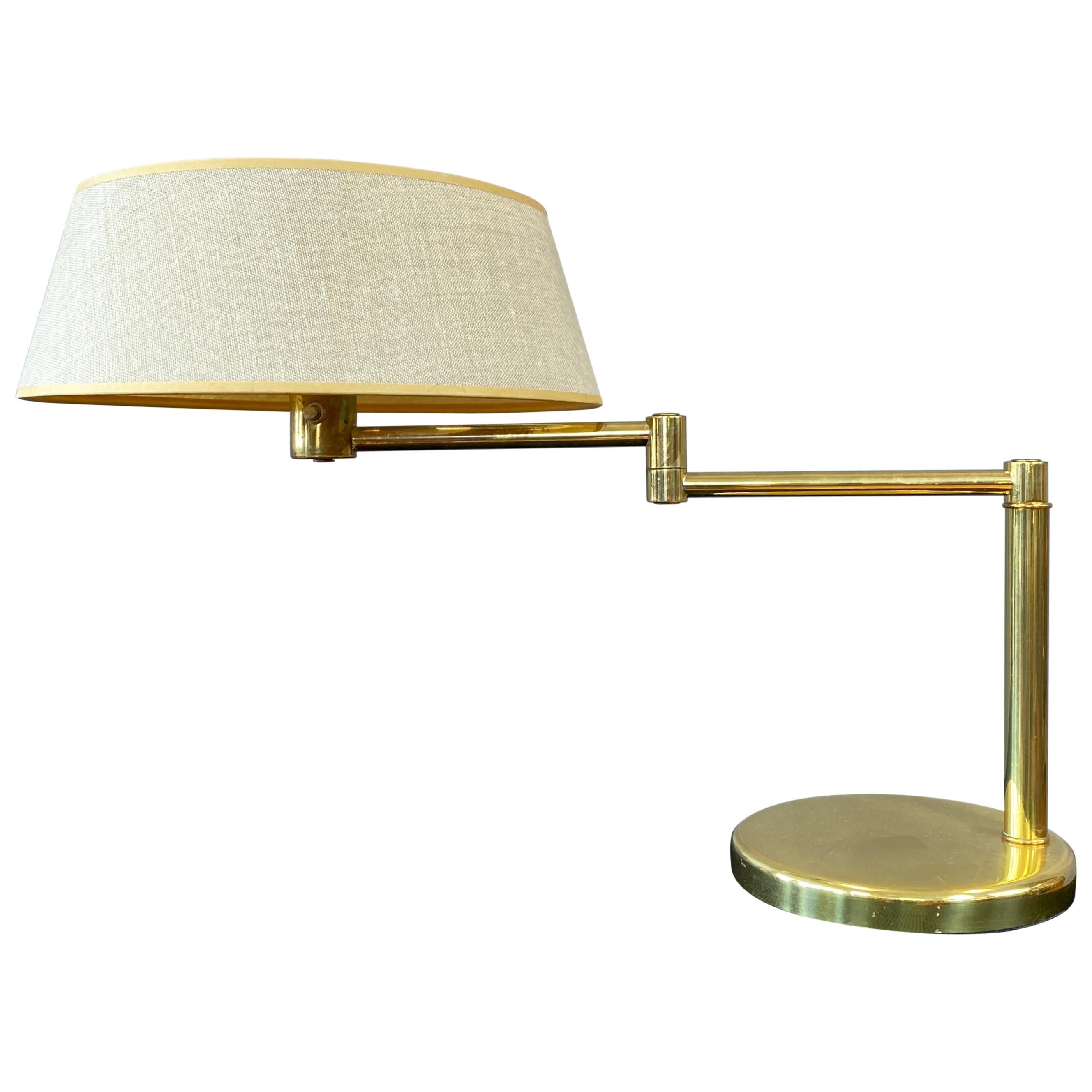 Walter Von Nessen for Nessen Lamps Brass Swing Arm Lamp Original Shade