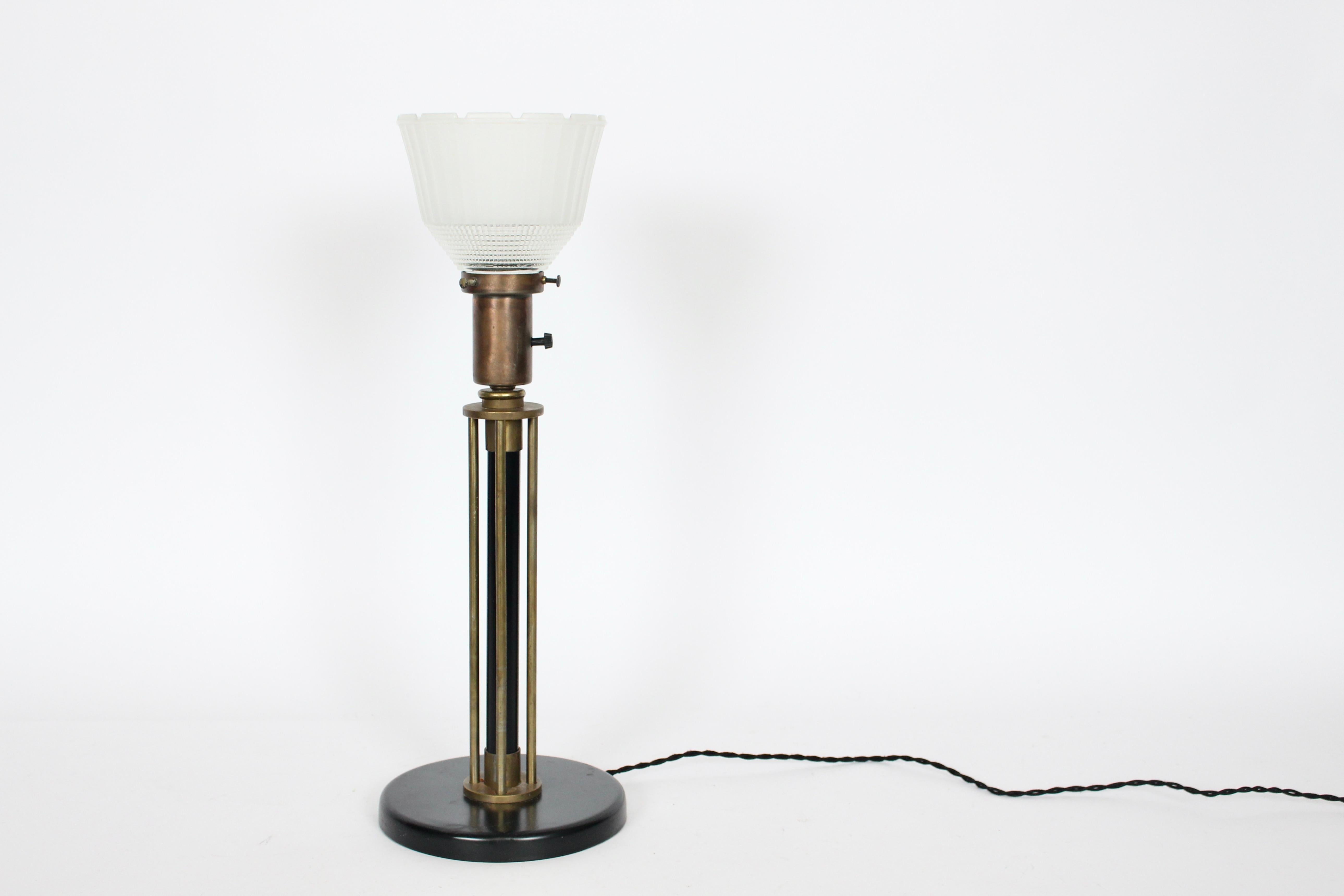 American Walter Von Nessen Machine Age Black Enamel & Brass Table Lamp, 1940's For Sale