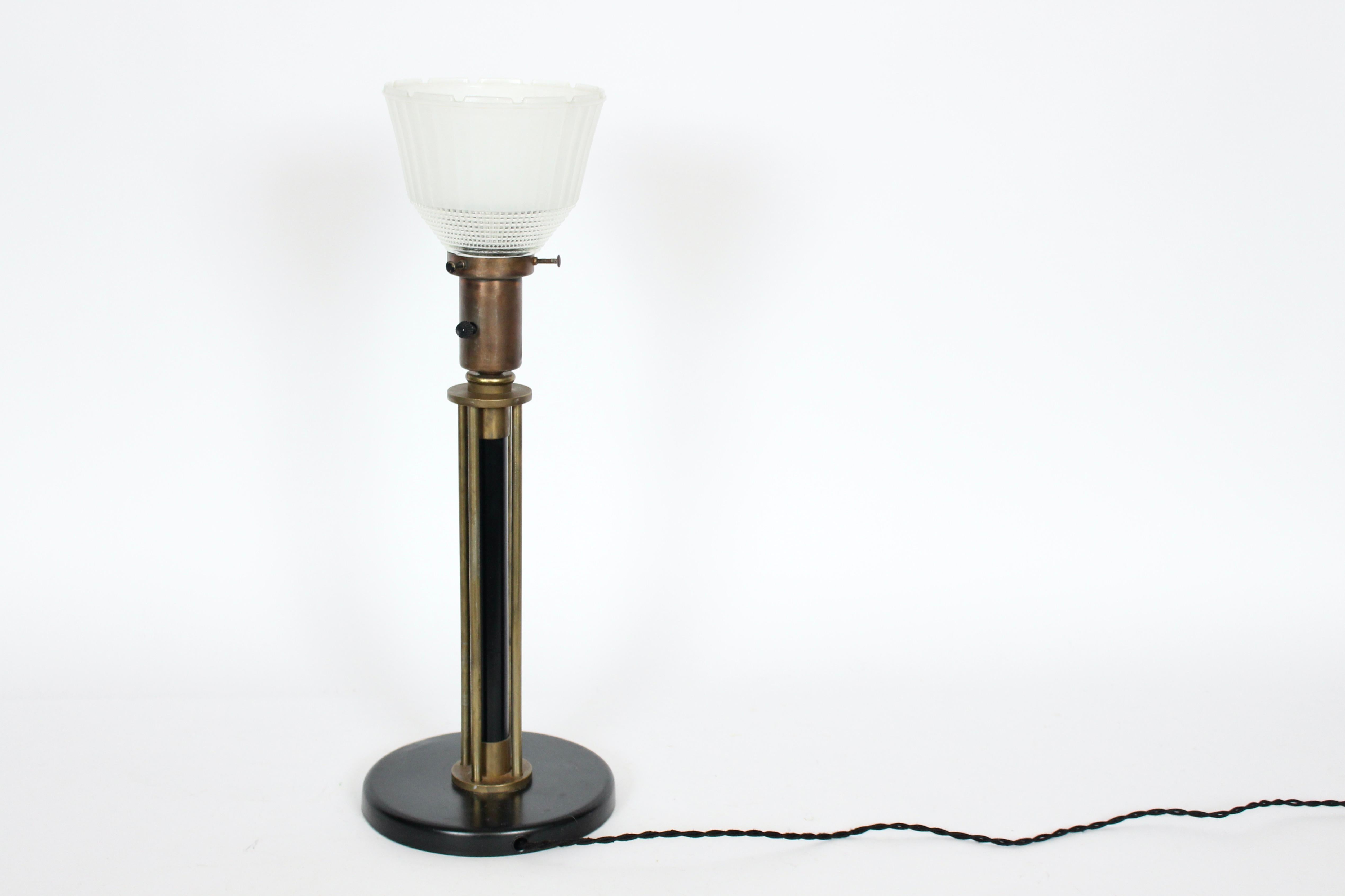 Enameled Walter Von Nessen Machine Age Black Enamel & Brass Table Lamp, 1940's For Sale