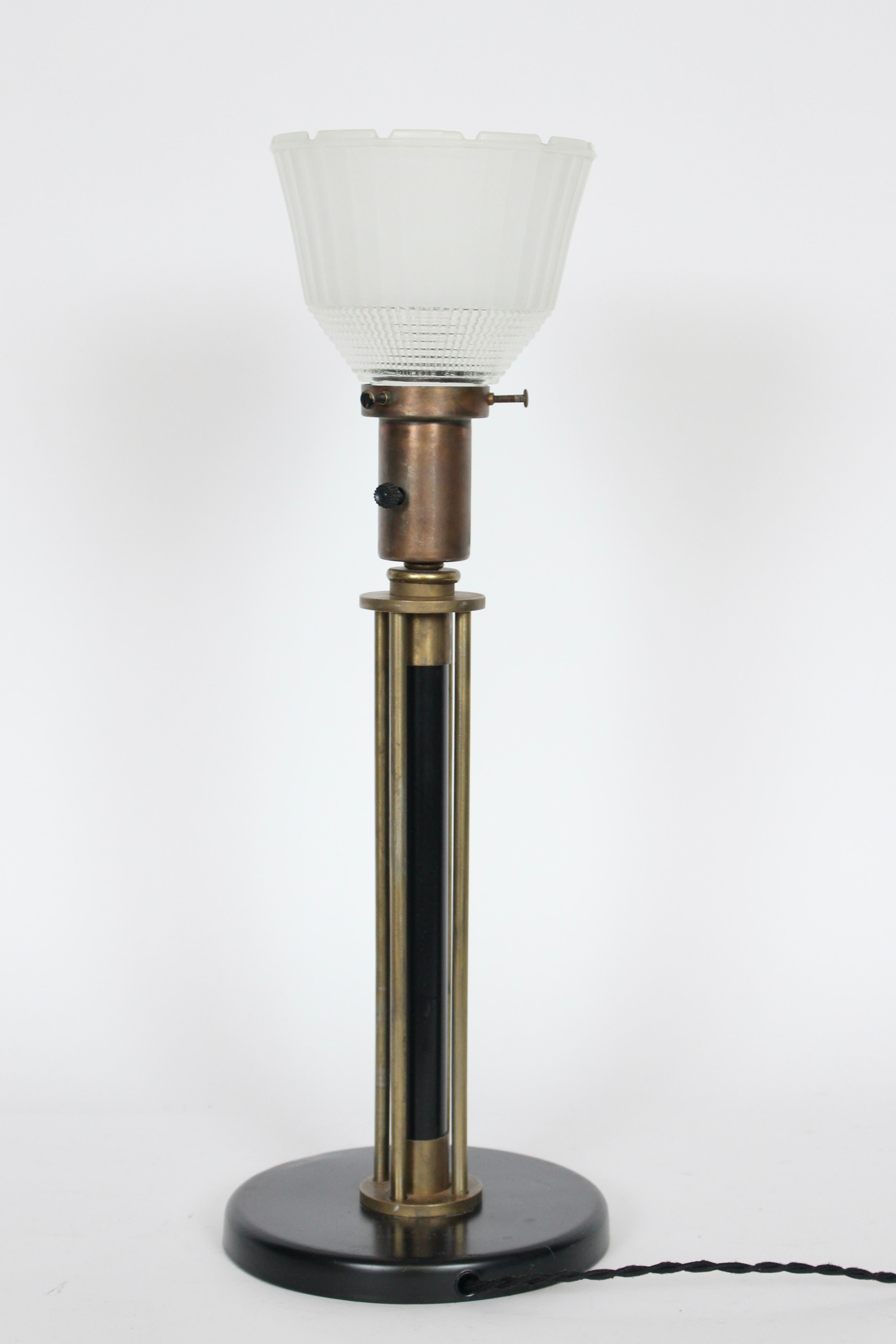 Mid-20th Century Walter Von Nessen Machine Age Black Enamel & Brass Table Lamp, 1940's For Sale