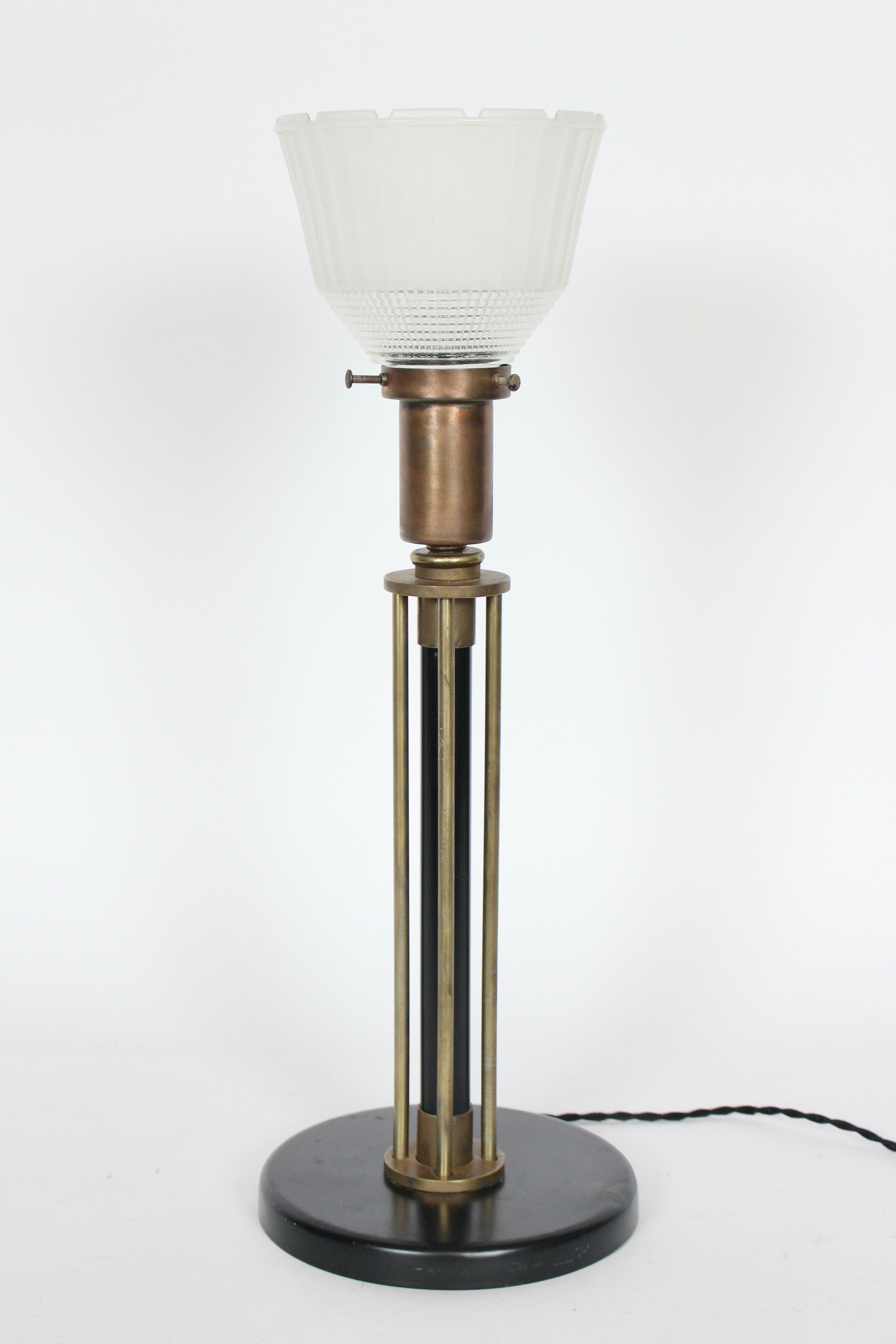 Walter Von Nessen Machine Age Black Enamel & Brass Table Lamp, 1940's For Sale 2