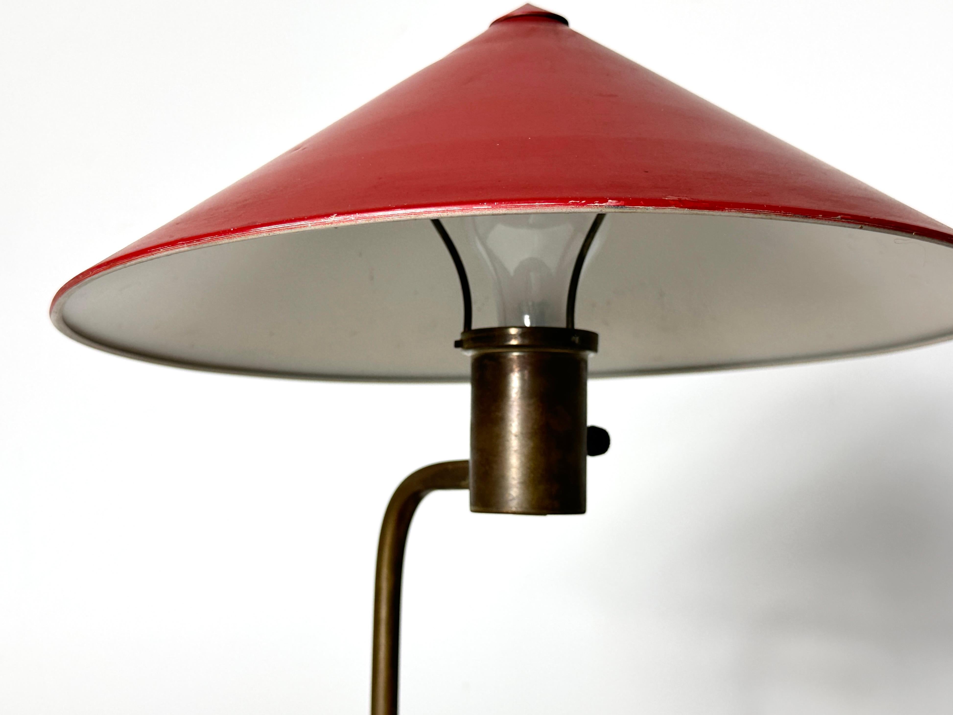 Walter Von Nessen Red Enamel and Brass Table Lamp 1930s Art Deco 4