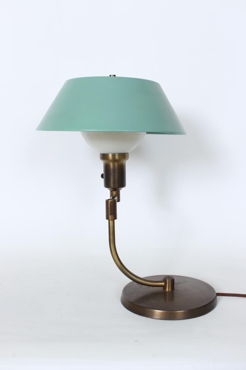 Walter Von Nessen Style Brass Swing Arm Desk Lamp with Pale Green Shade, 1940's For Sale 11