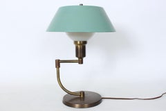 Walter Von Nessen Style Brass Swing Arm Desk Lamp with Pale Green Shade, 1940's
