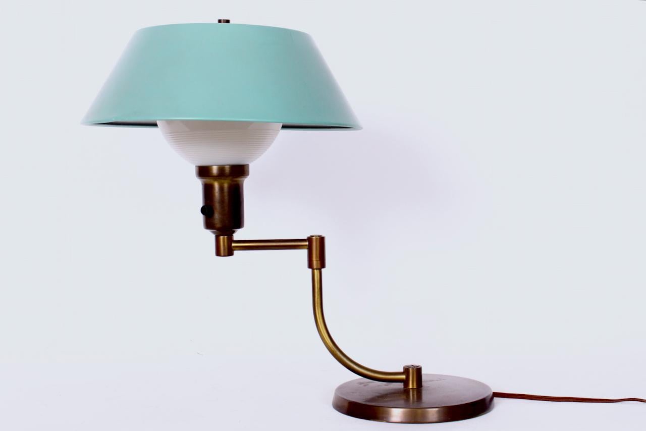 Walter Von Nessen Style Brass Swing Arm Desk Lamp with Pale Green Shade, 1940's For Sale 9