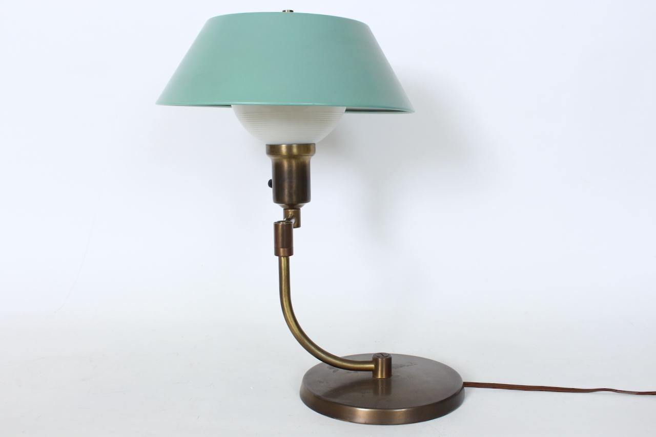 American Walter Von Nessen Style Brass Swing Arm Desk Lamp with Pale Green Shade, 1940's For Sale