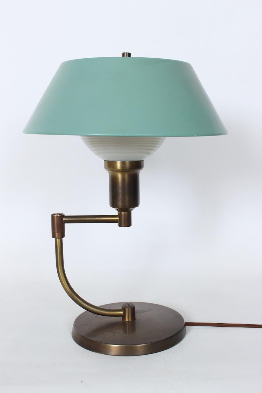 Enameled Walter Von Nessen Style Brass Swing Arm Desk Lamp with Pale Green Shade, 1940's For Sale