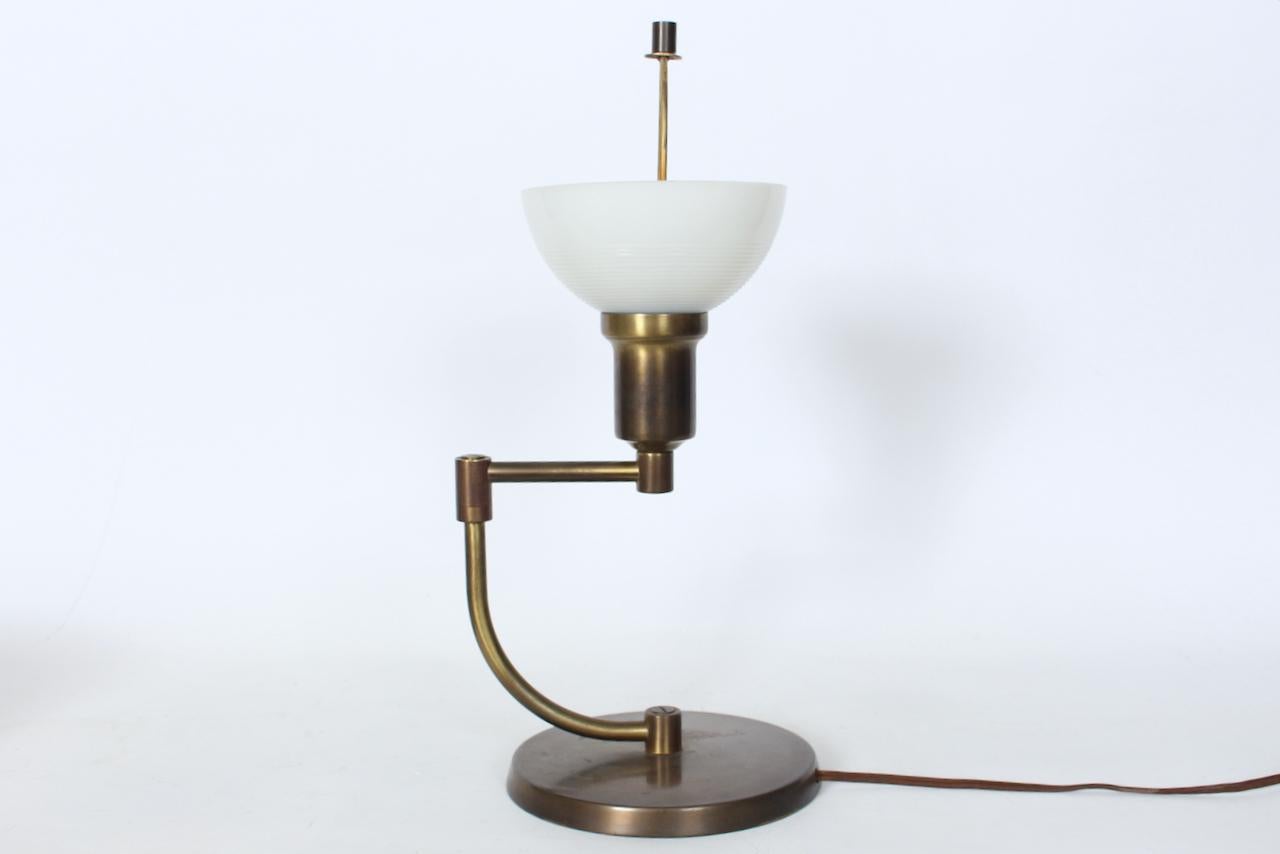 Walter Von Nessen Style Brass Swing Arm Desk Lamp with Pale Green Shade, 1940's In Good Condition For Sale In Bainbridge, NY