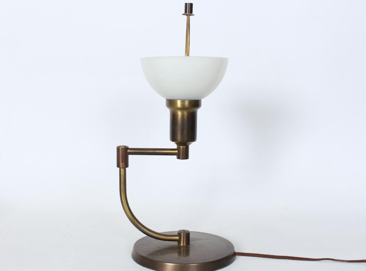 American Walter Von Nessen Style Brass Swing Arm Desk Lamp with Pale Green Shade, 1940's For Sale