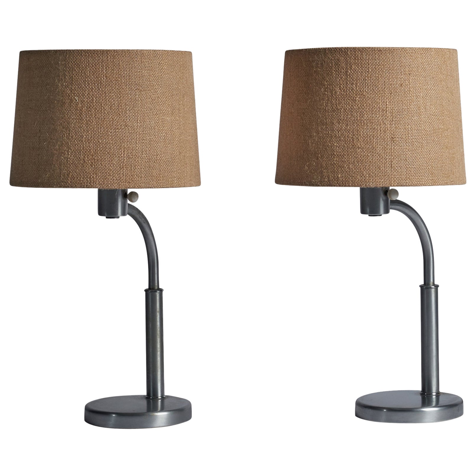 Walter Von Nessen, Table Lamps, Chrome Metal, Burlap, USA, 1930s