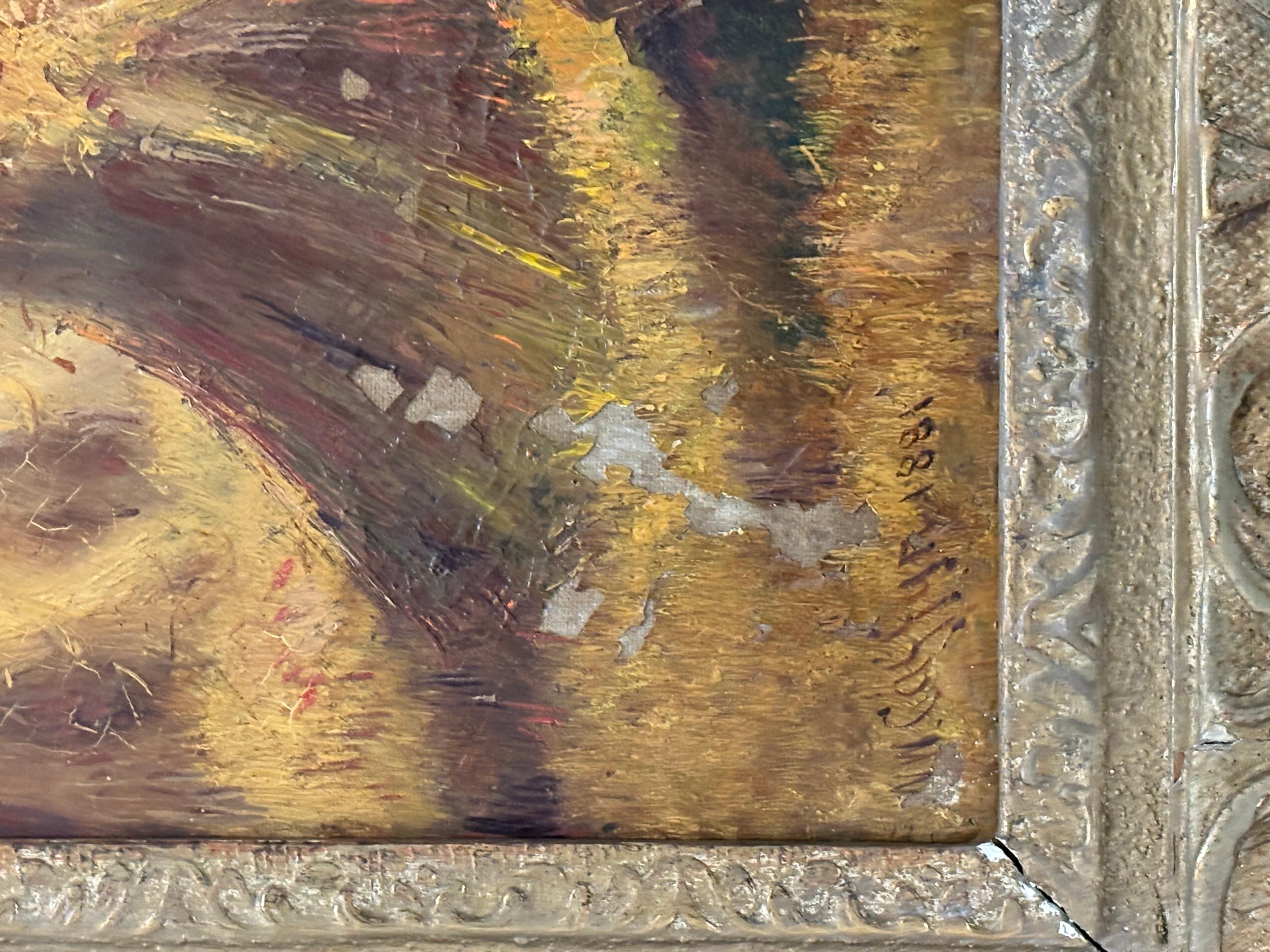 sight: 29 1/4 by 24 1/4 inches
frame: 39 by 32 inches


Needs to be repaired  some areas of paint pealing and with losses to paint mostly to the left side, areas of craquelure mostly to the upper areas of the tree and grass in the lower center
