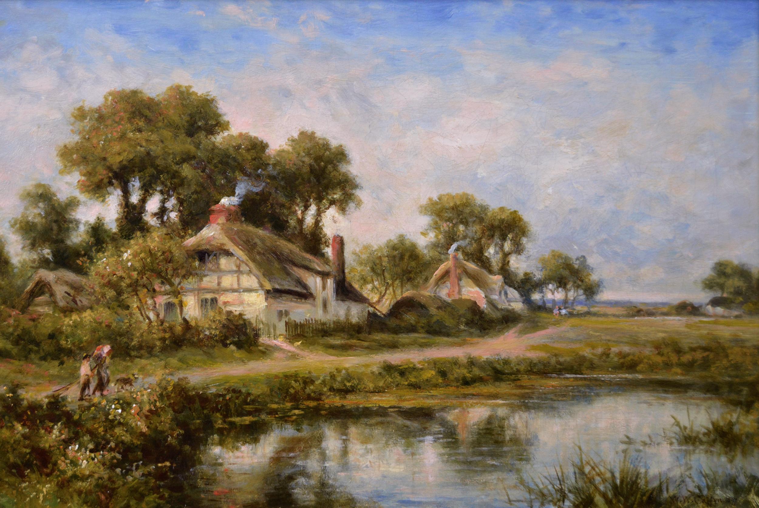 Peinture à l'huile de paysage du 19e siècle représentant des personnages près de chalets et d'un étang - Painting de Walter Wallor Caffyn