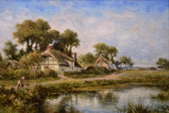 19th Century landscape oil painting of figures near cottages & a pond