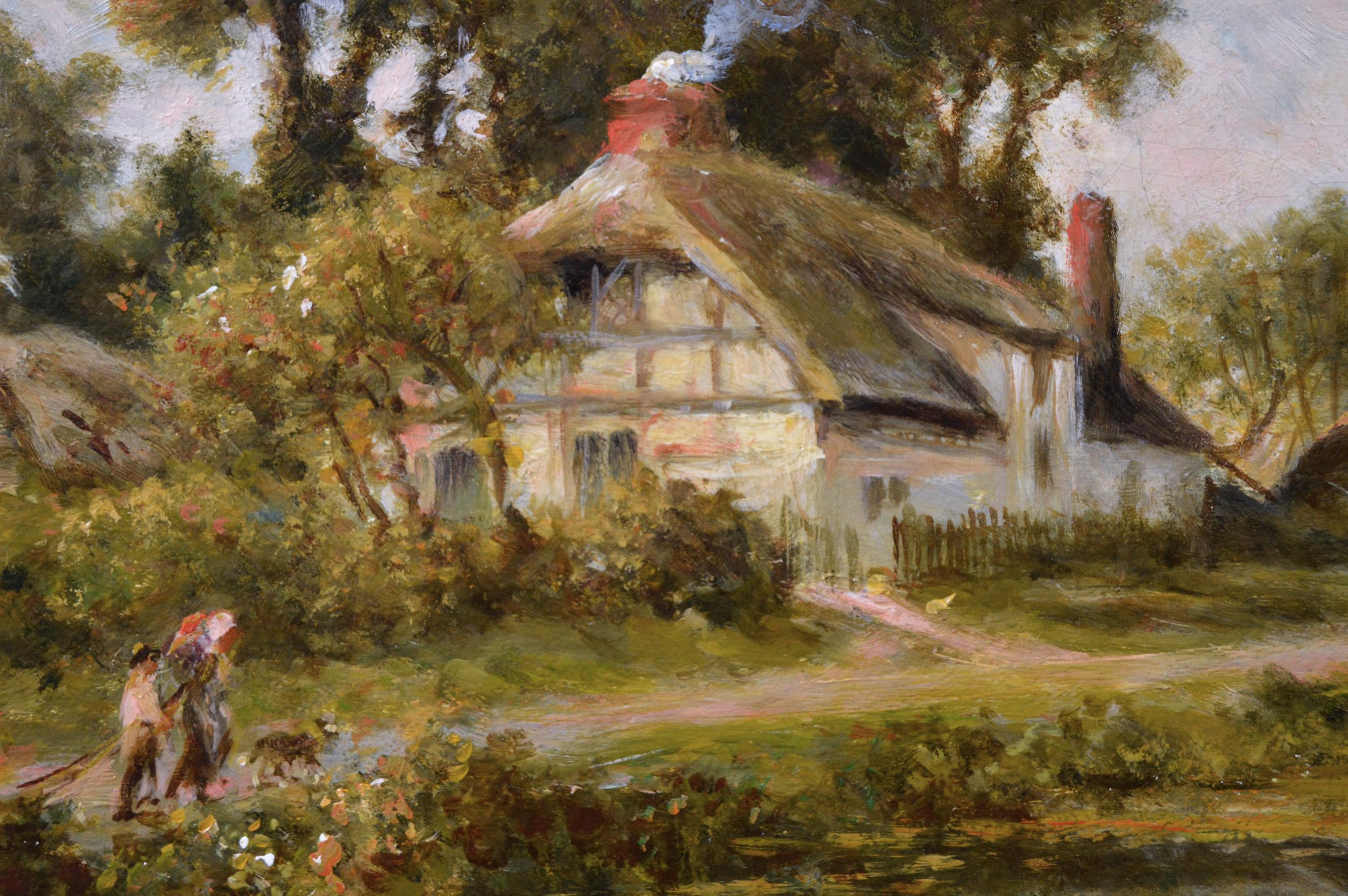 Paisaje al óleo del siglo XIX de figuras cerca de casas de campo y un estanque - Painting Victoriano de Walter Wallor Caffyn