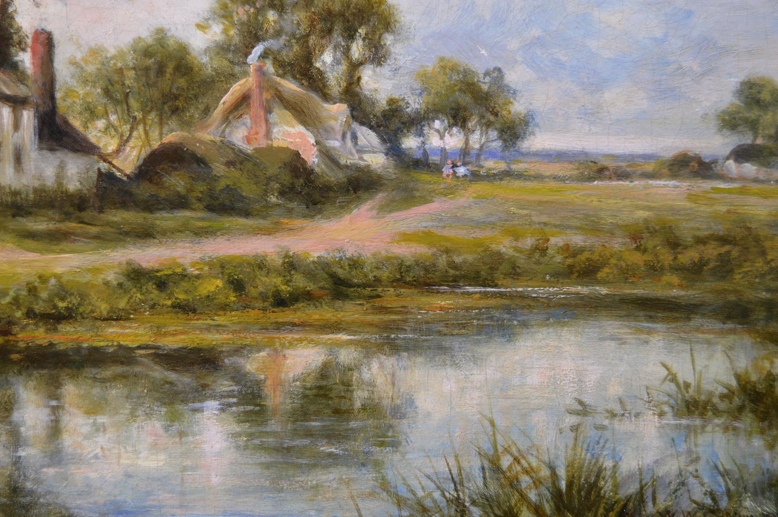 Paisaje al óleo del siglo XIX de figuras cerca de casas de campo y un estanque - Landscape Painting Marrón de Walter Wallor Caffyn